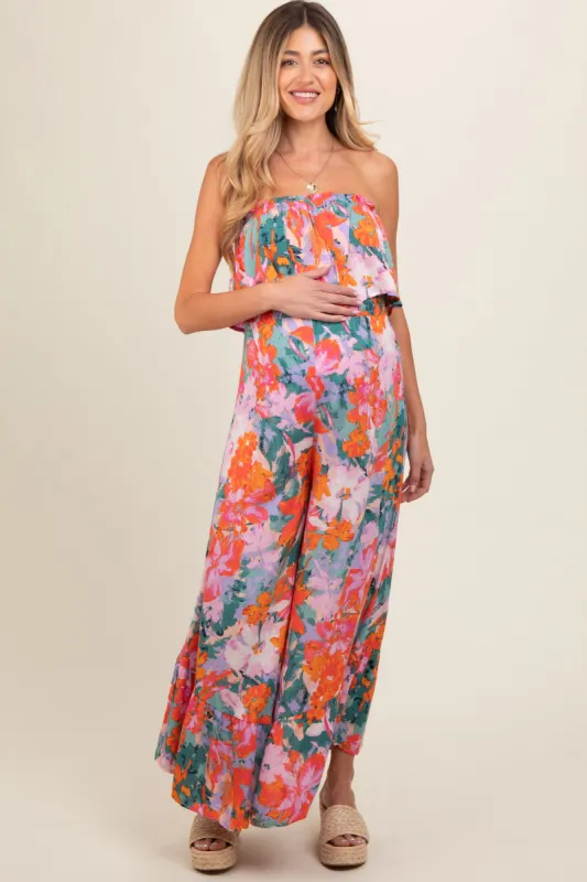 Multi Color Floral Smocked Ruffle Strapless Wide Leg Maternity Jumpsuit sold by Pinkblush