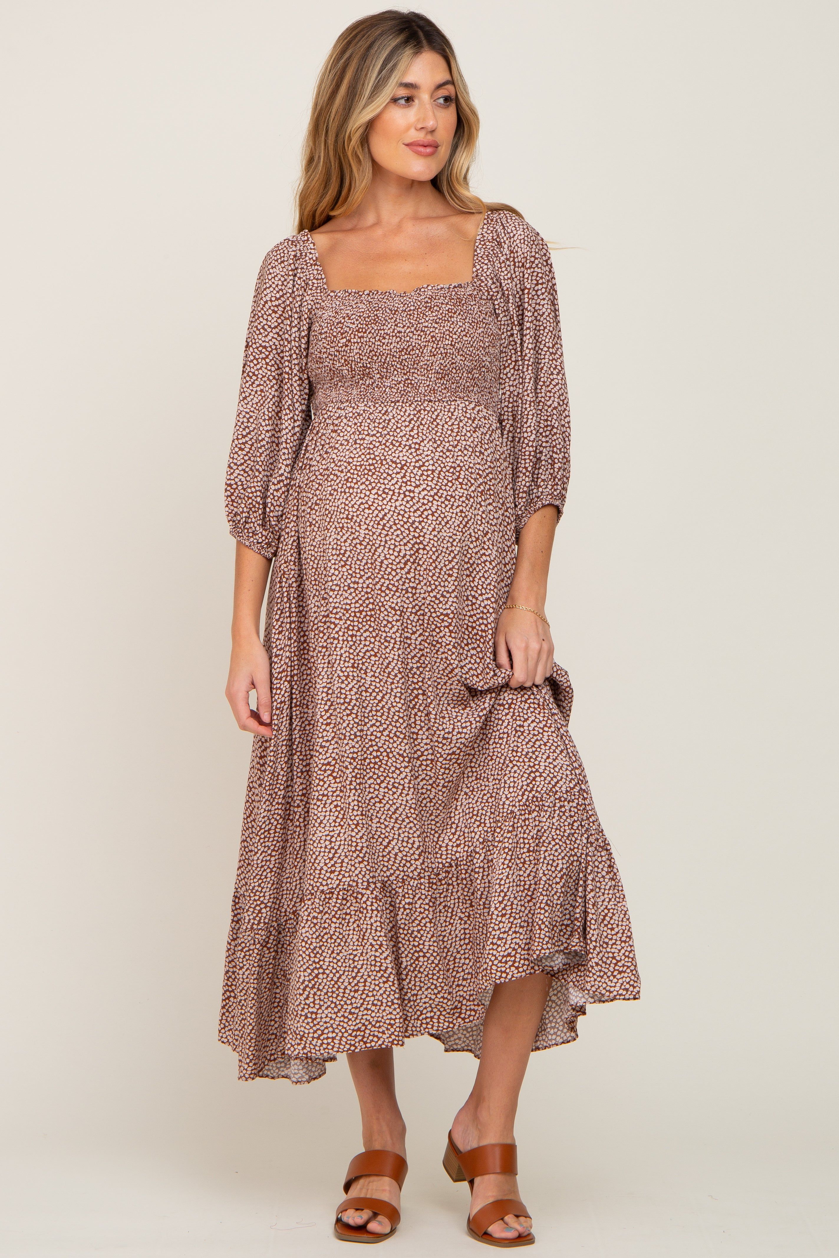Rust Ditsy Floral Smocked 3/4 Sleeve Maternity Midi Dress sold by Pinkblush
