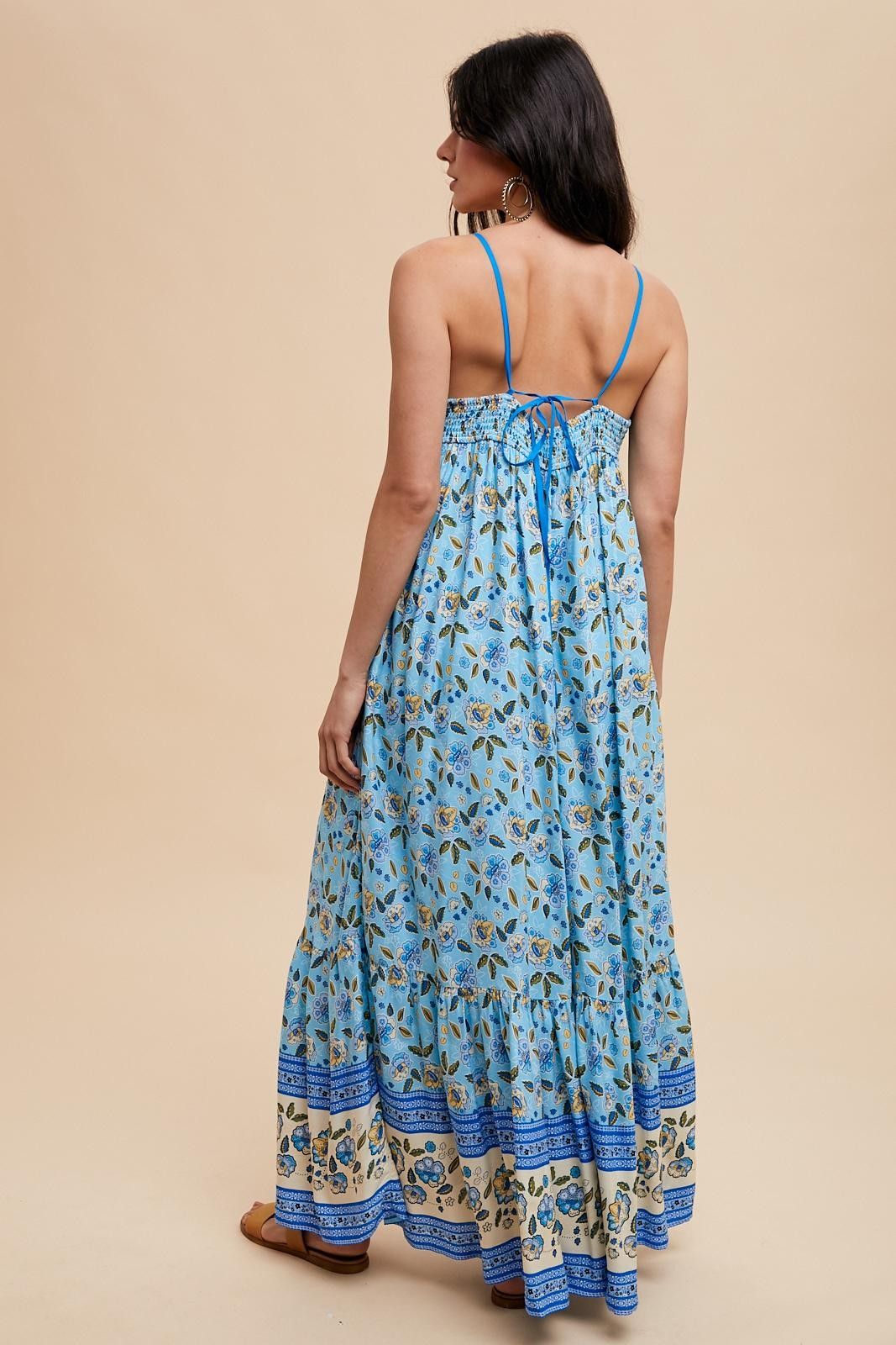 Blue Floral Border Print Lace Up Back Maxi Dress sold by Pinkblush product image thumbnail 3