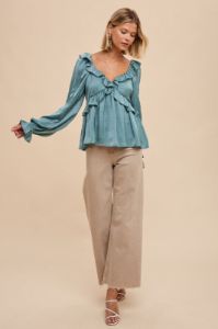 Dark Sage Washed Satin Cross Ruffled Long Sleeve Blouse sold by Pinkblush