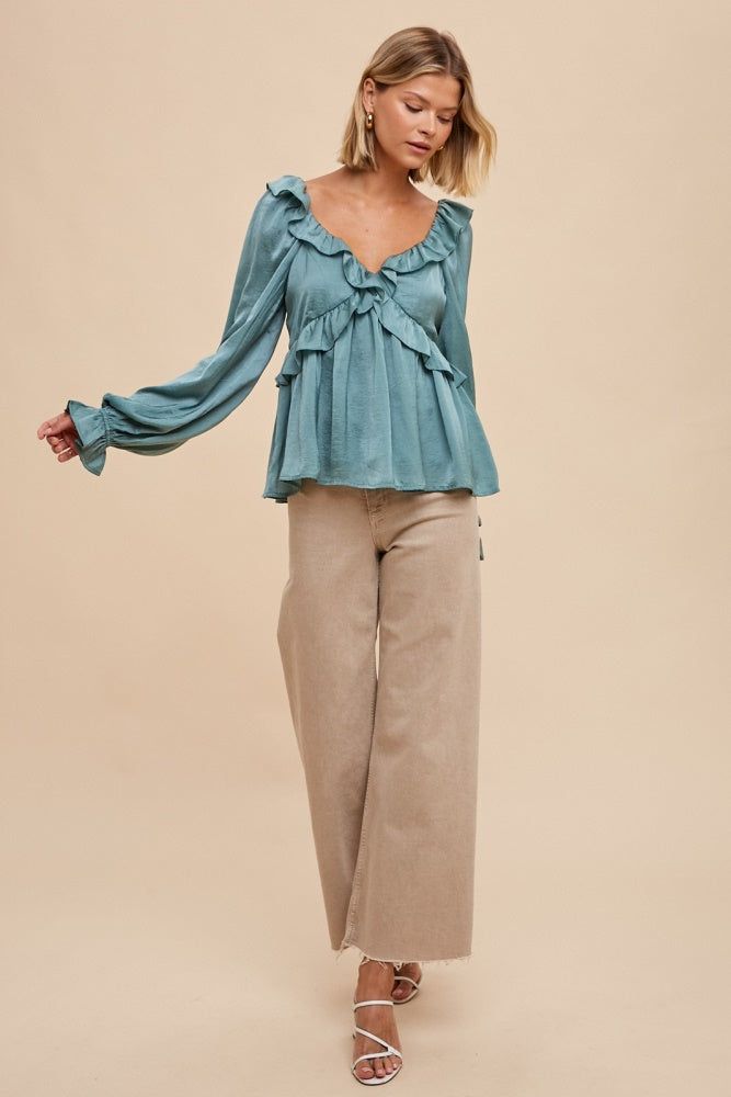 Dark Sage Washed Satin Cross Ruffled Long Sleeve Blouse sold by Pinkblush product image thumbnail 4