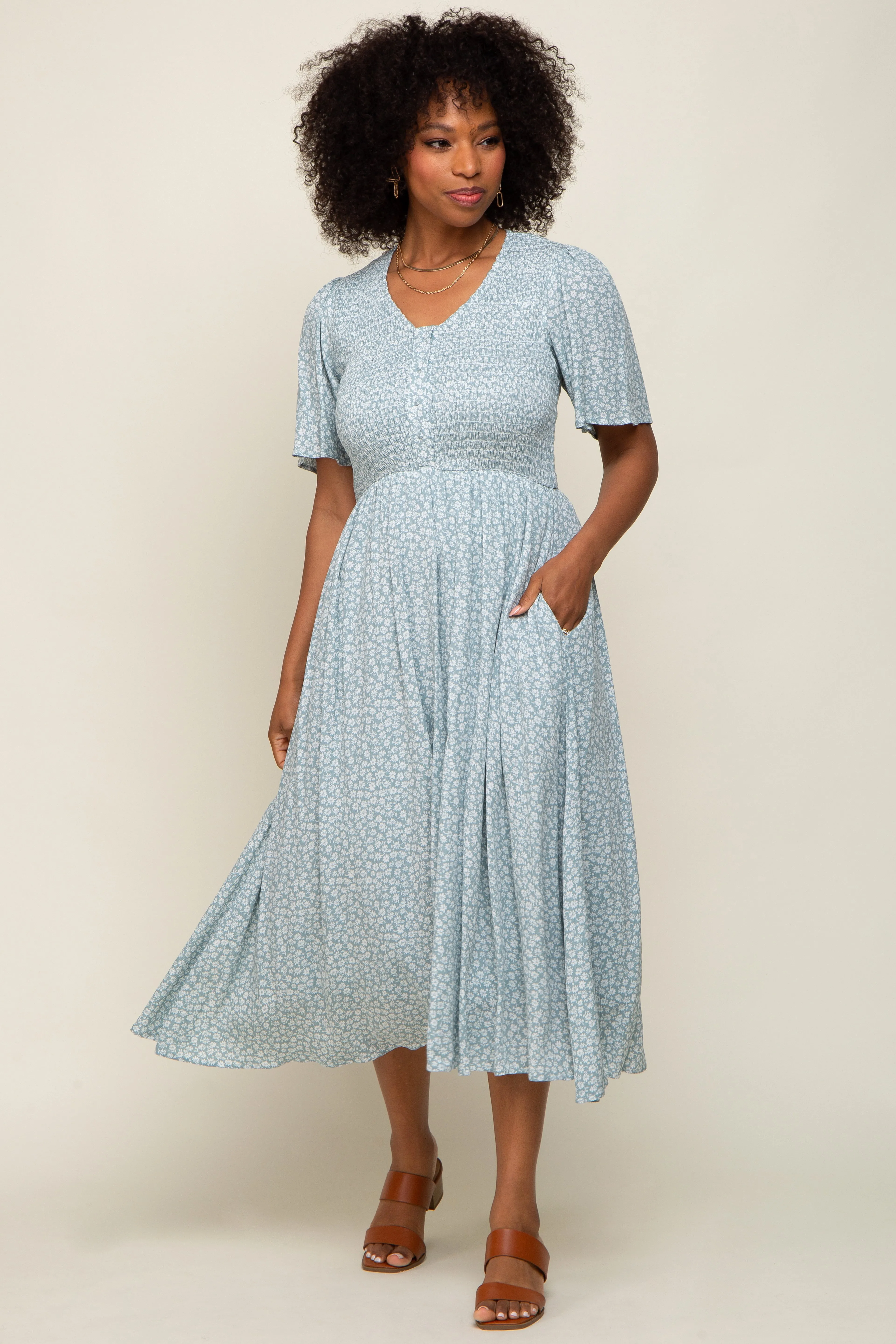 Mint Green Floral Button Front Smocked Flutter Sleeve Maternity Midi Dress sold by Pinkblush product image thumbnail 4