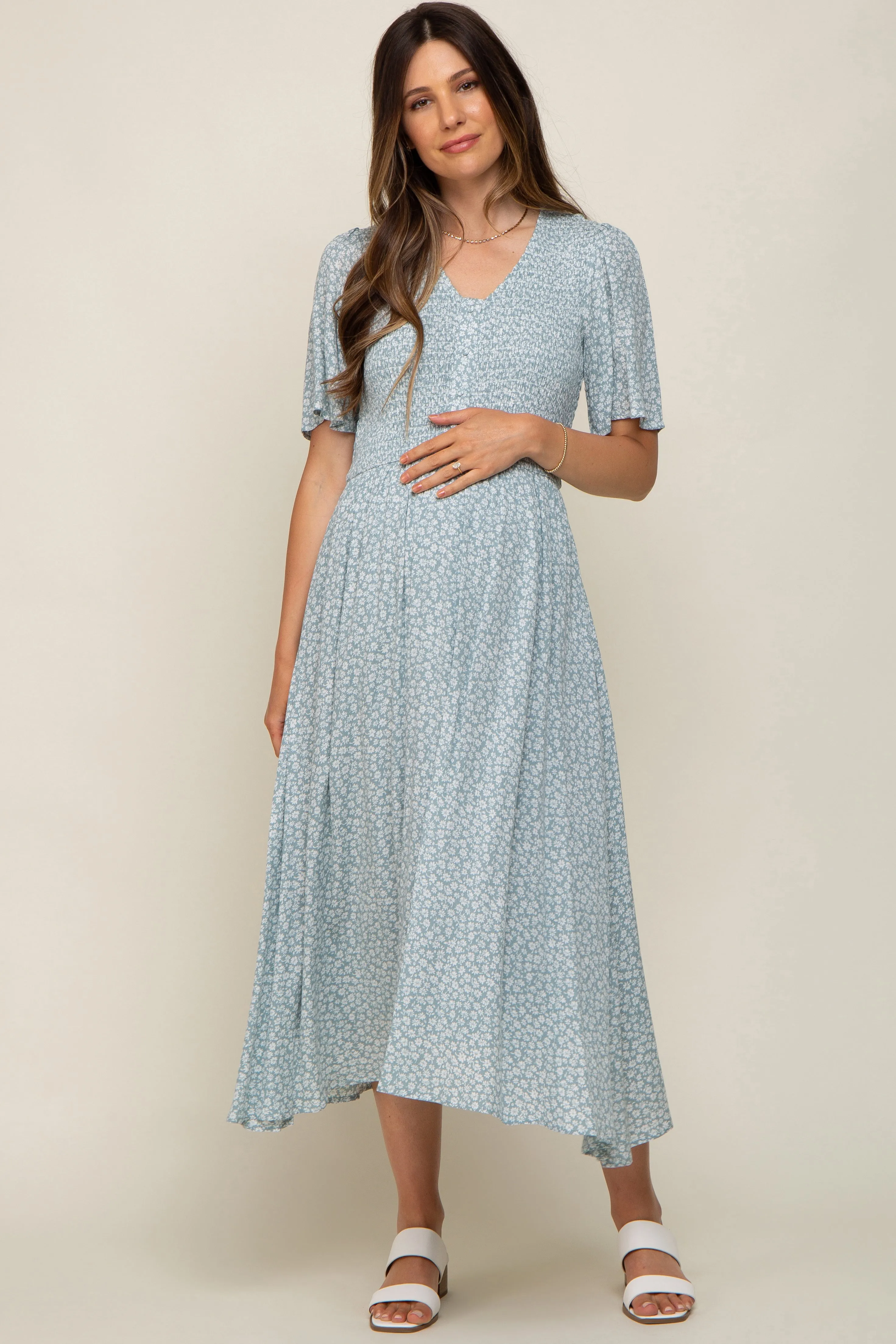 Mint Green Floral Button Front Smocked Flutter Sleeve Maternity Midi Dress sold by Pinkblush