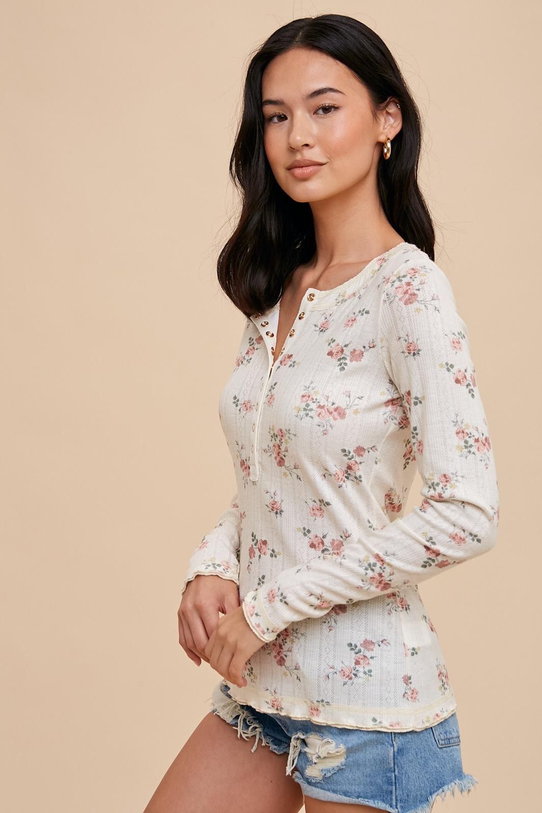 Mauve Floral Long Sleeve Henley Top sold by Pinkblush product image thumbnail 2