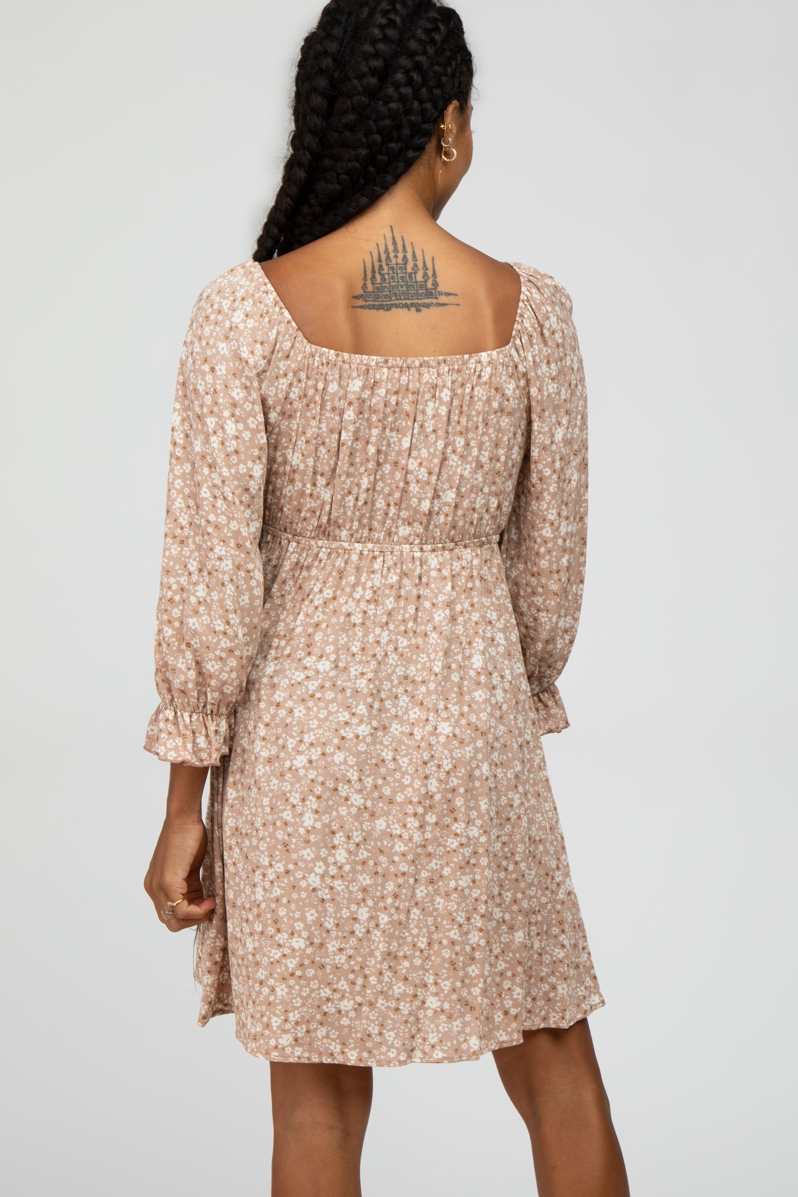 Taupe Floral 3/4 Sleeve Dress sold by Pinkblush product image thumbnail 4