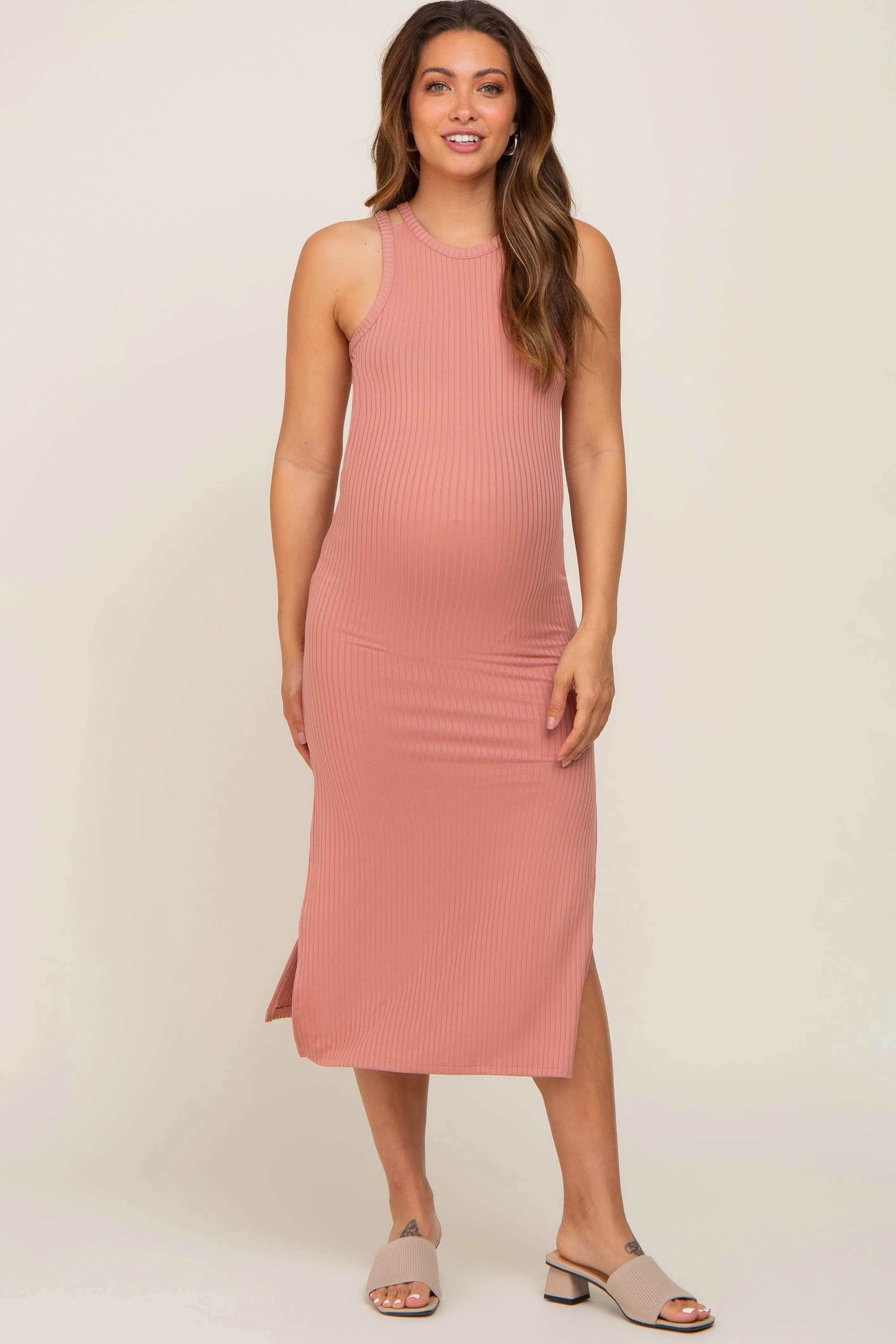 Mauve Ribbed Cutout Shoulder Side Slit Midi Dress sold by Pinkblush