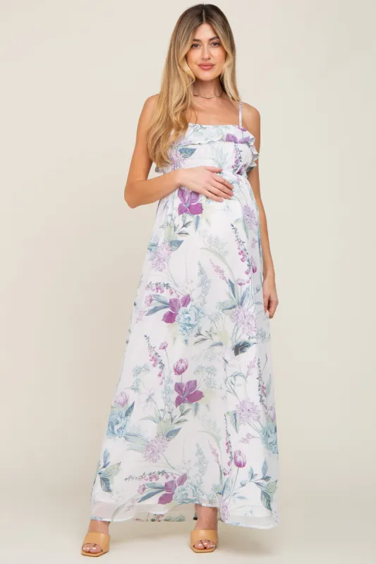 White Floral Sleeveless Ruffle Maternity Maxi Dress sold by Pinkblush
