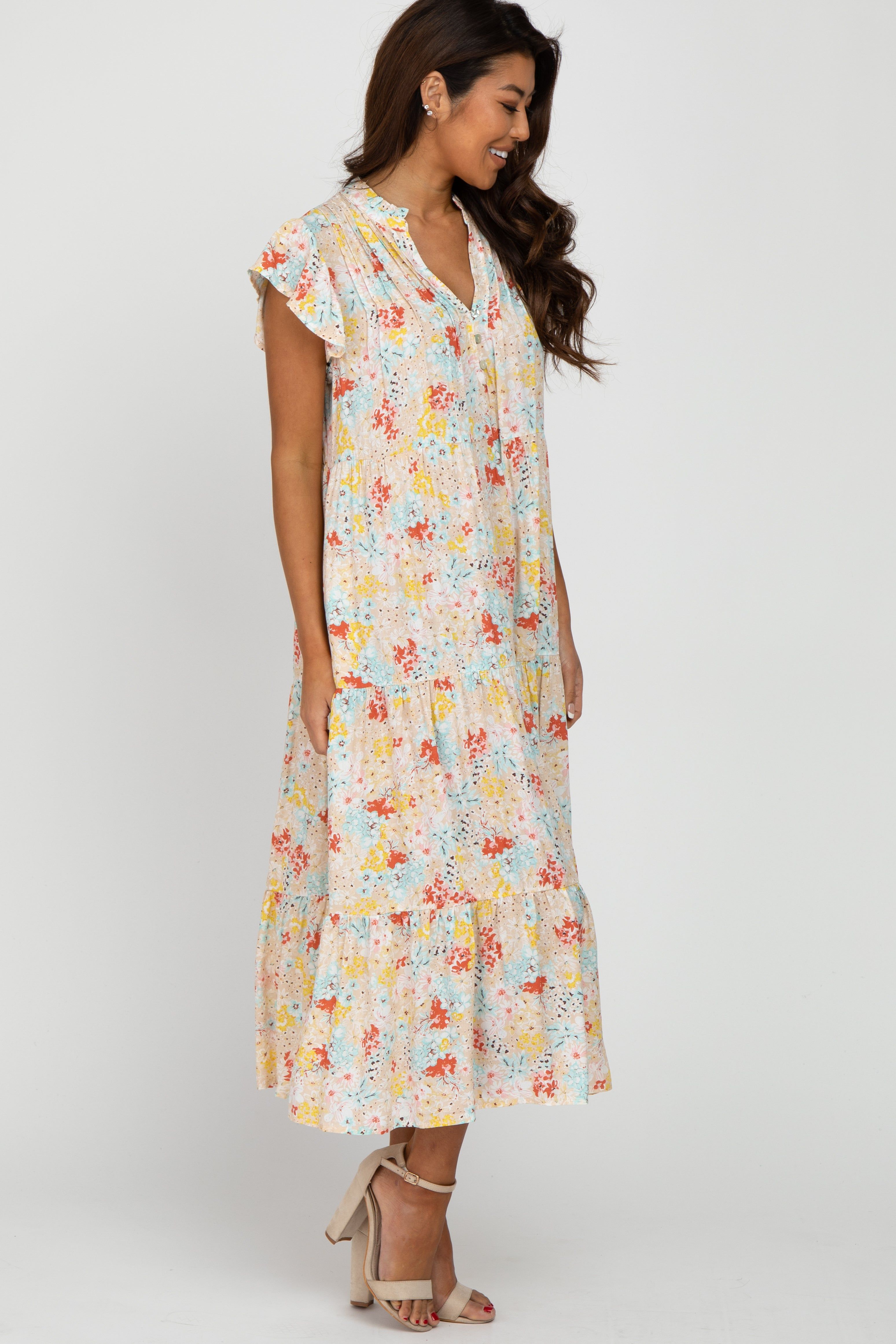 Beige Floral Ruffle Accent Midi Dress sold by Pinkblush product image thumbnail 2