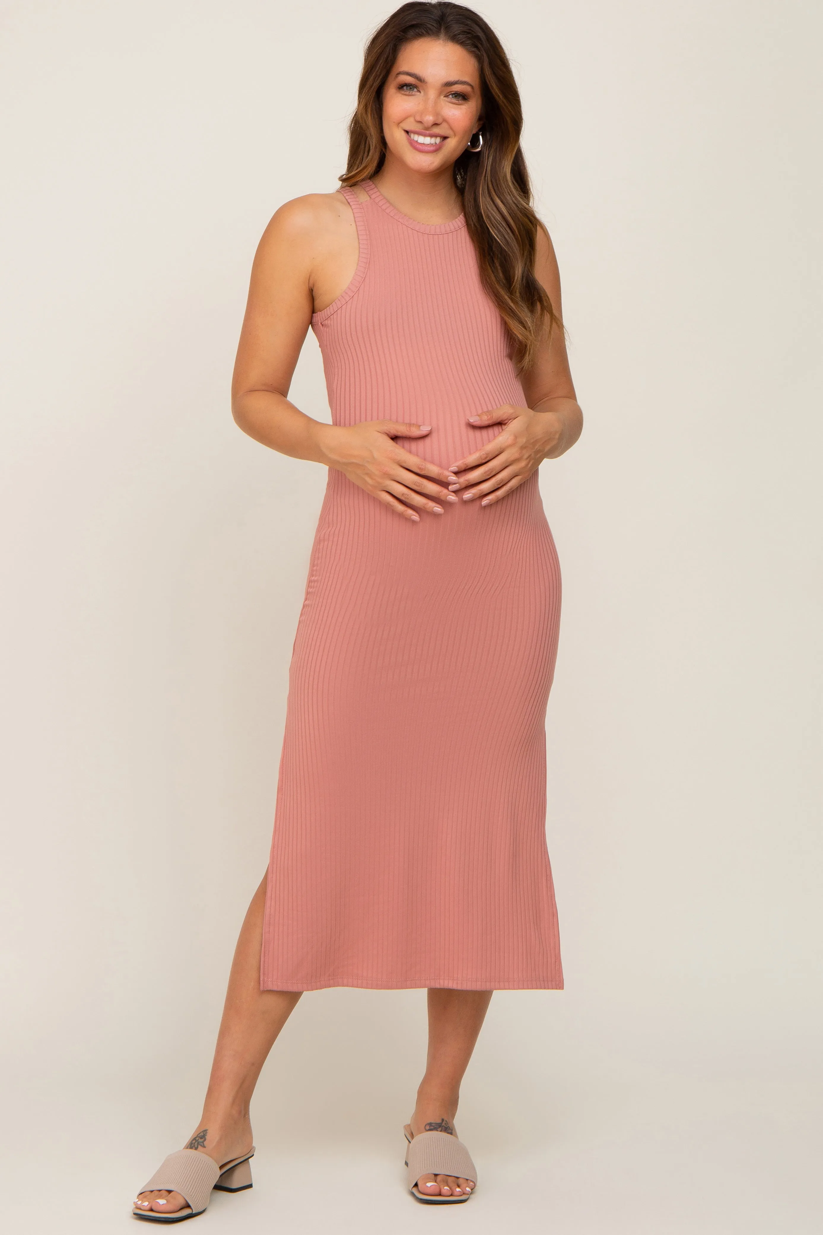 Mauve Ribbed Cutout Shoulder Side Slit Midi Dress sold by Pinkblush product image thumbnail 2