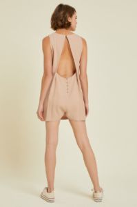 Beige Classic Linen Romper With Back Opening Detail sold by Pinkblush