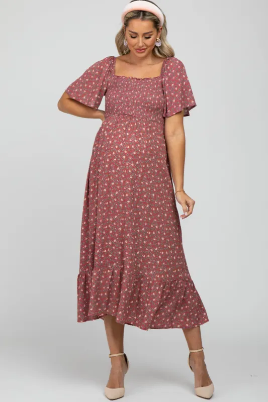 Mauve Floral Smocked Square Neck Maternity Midi Dress sold by Pinkblush