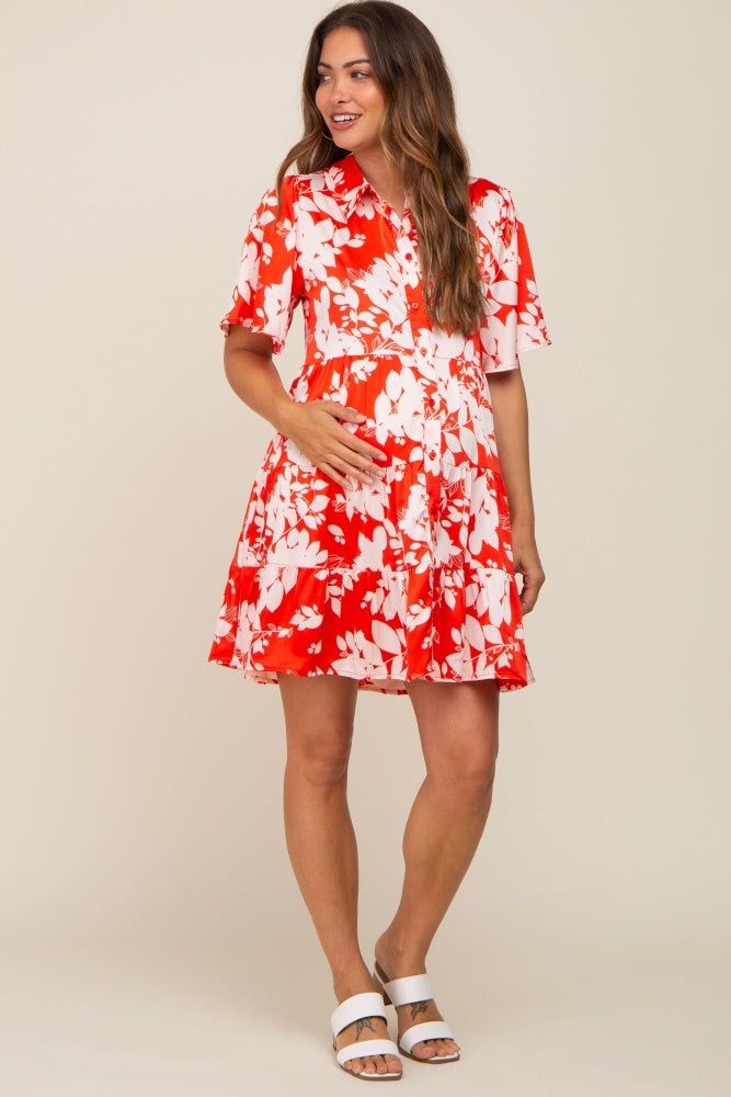 Red Floral Collared Tiered Maternity Dress sold by Pinkblush product image thumbnail 4