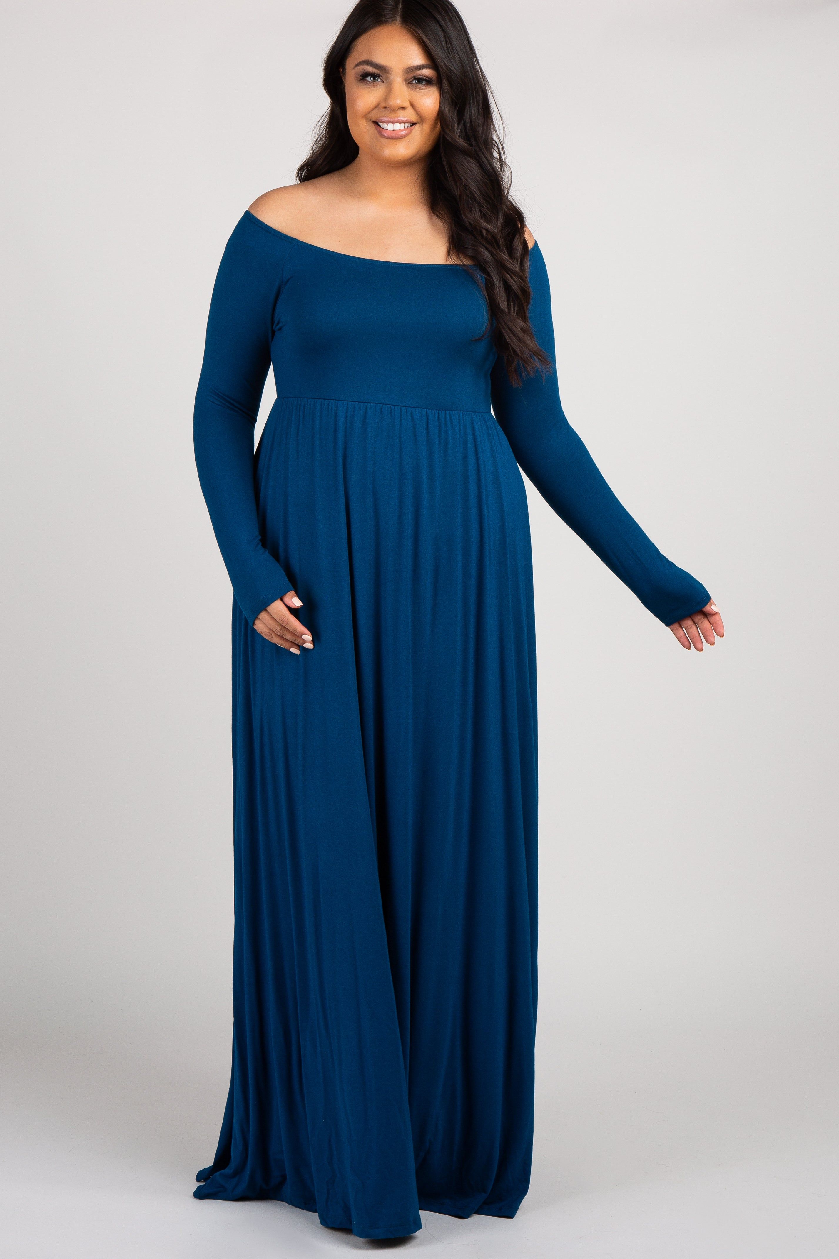 PinkBlush Teal Solid Off Shoulder Maternity Plus Maxi Dress sold by Pinkblush product image thumbnail 4