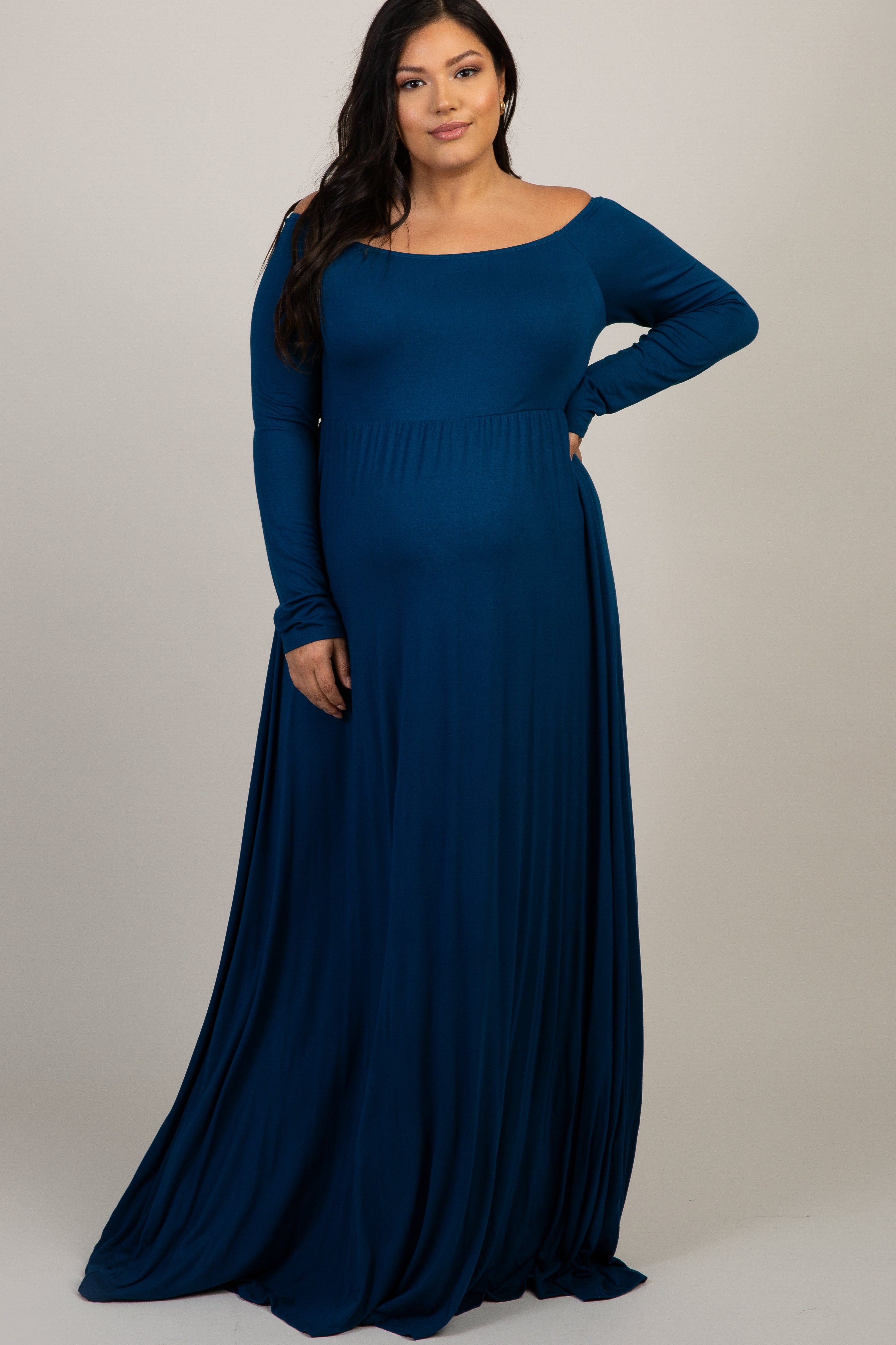 PinkBlush Teal Solid Off Shoulder Maternity Plus Maxi Dress sold by Pinkblush