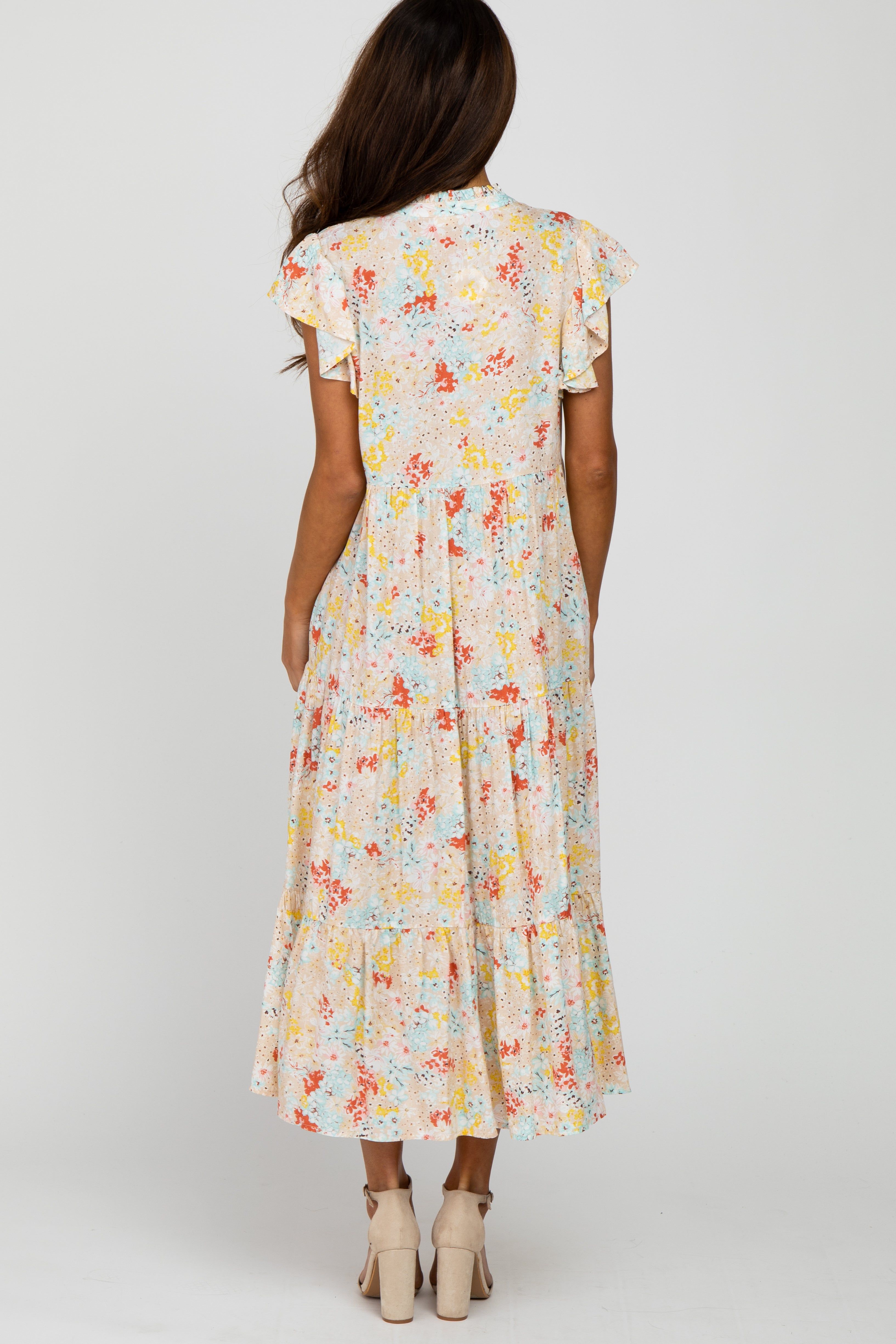 Beige Floral Ruffle Accent Midi Dress sold by Pinkblush product image thumbnail 3