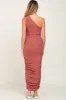 Rust Ribbed One Shoulder Ruched Maternity Midi Dress sold by Pinkblush