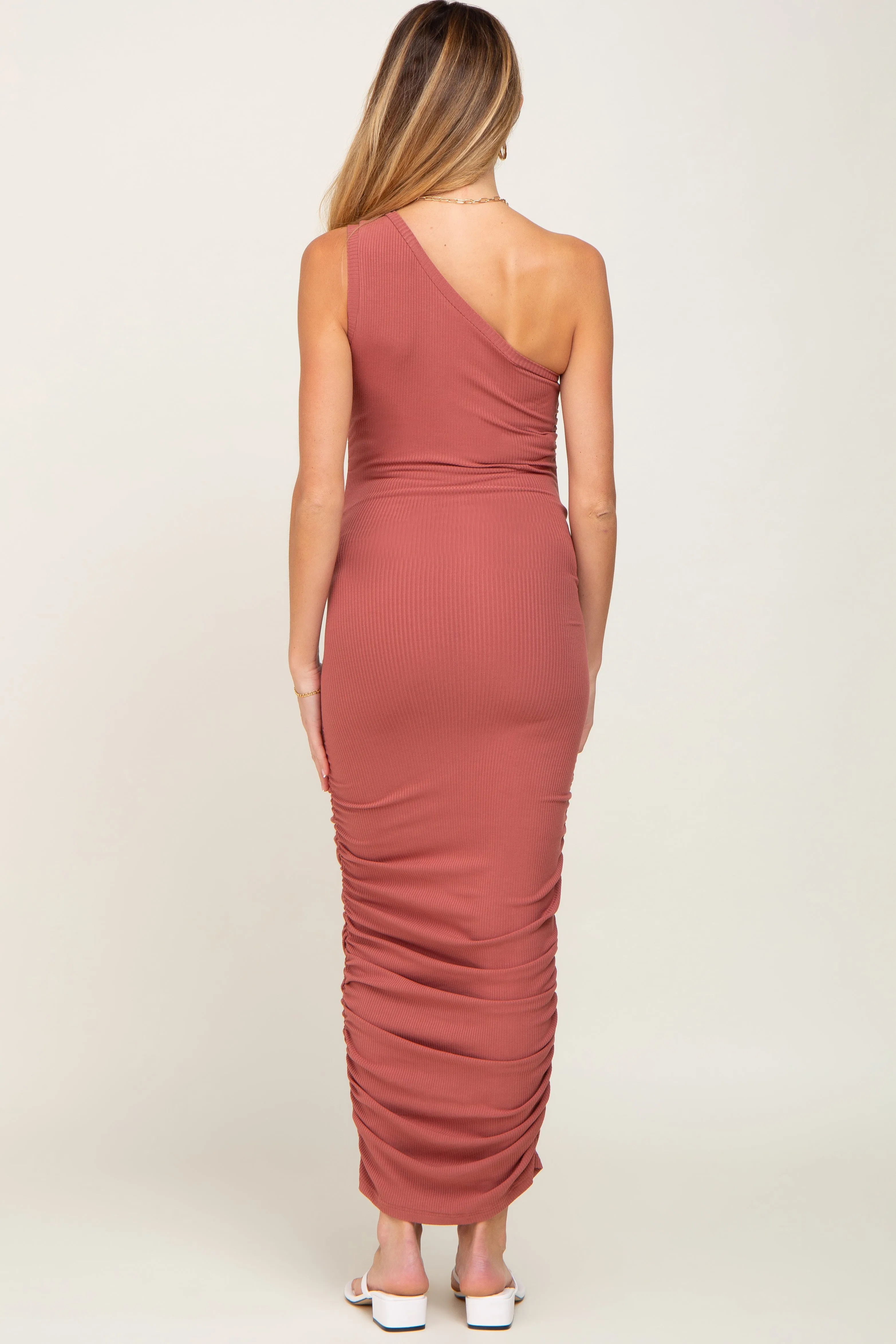 Rust Ribbed One Shoulder Ruched Maternity Midi Dress sold by Pinkblush product image thumbnail 3