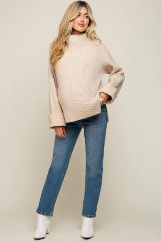 Beige Mock Neck Chunky Knit Maternity Sweater sold by Pinkblush