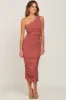 Rust Ribbed One Shoulder Ruched Maternity Midi Dress sold by Pinkblush