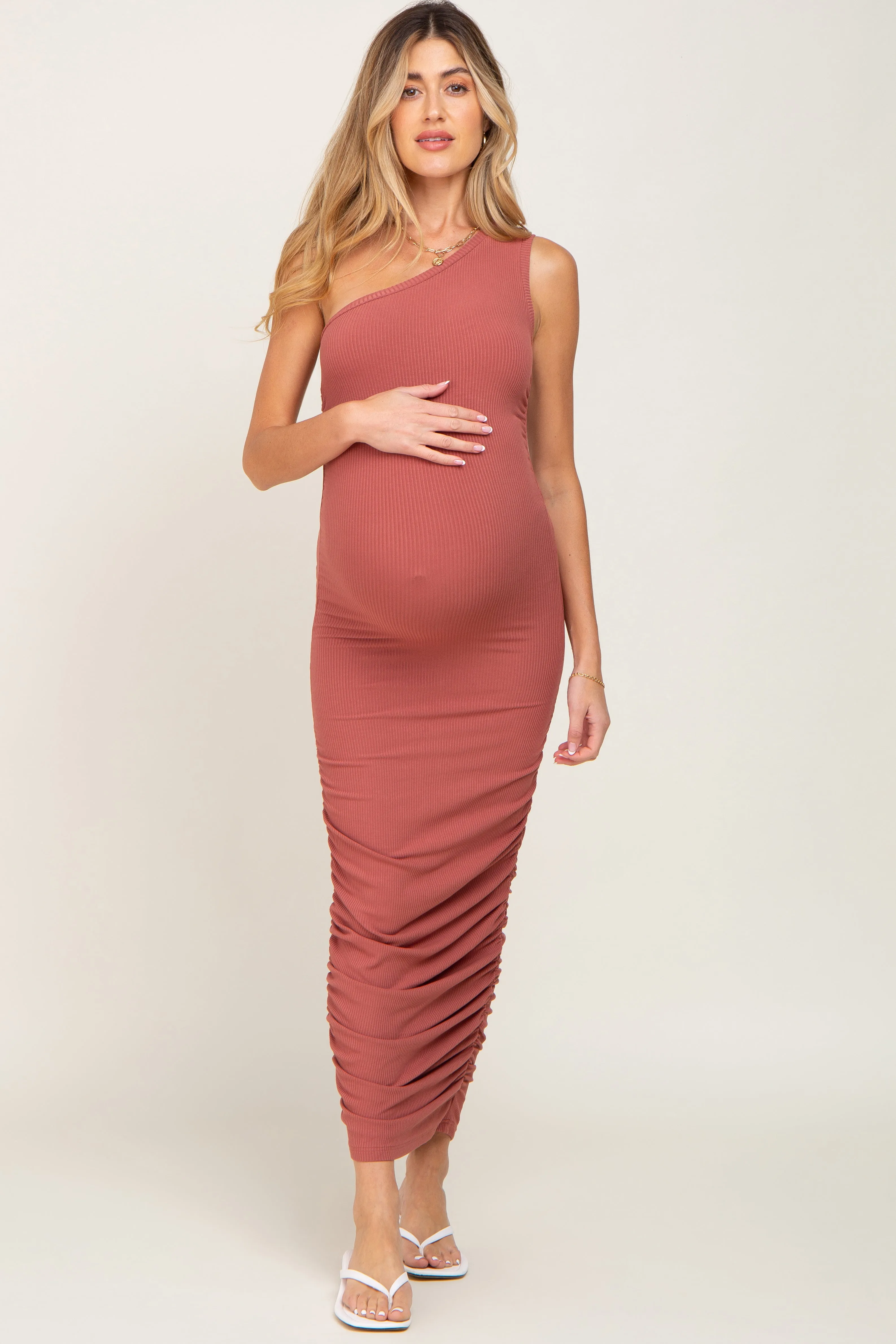 Rust Ribbed One Shoulder Ruched Maternity Midi Dress sold by Pinkblush