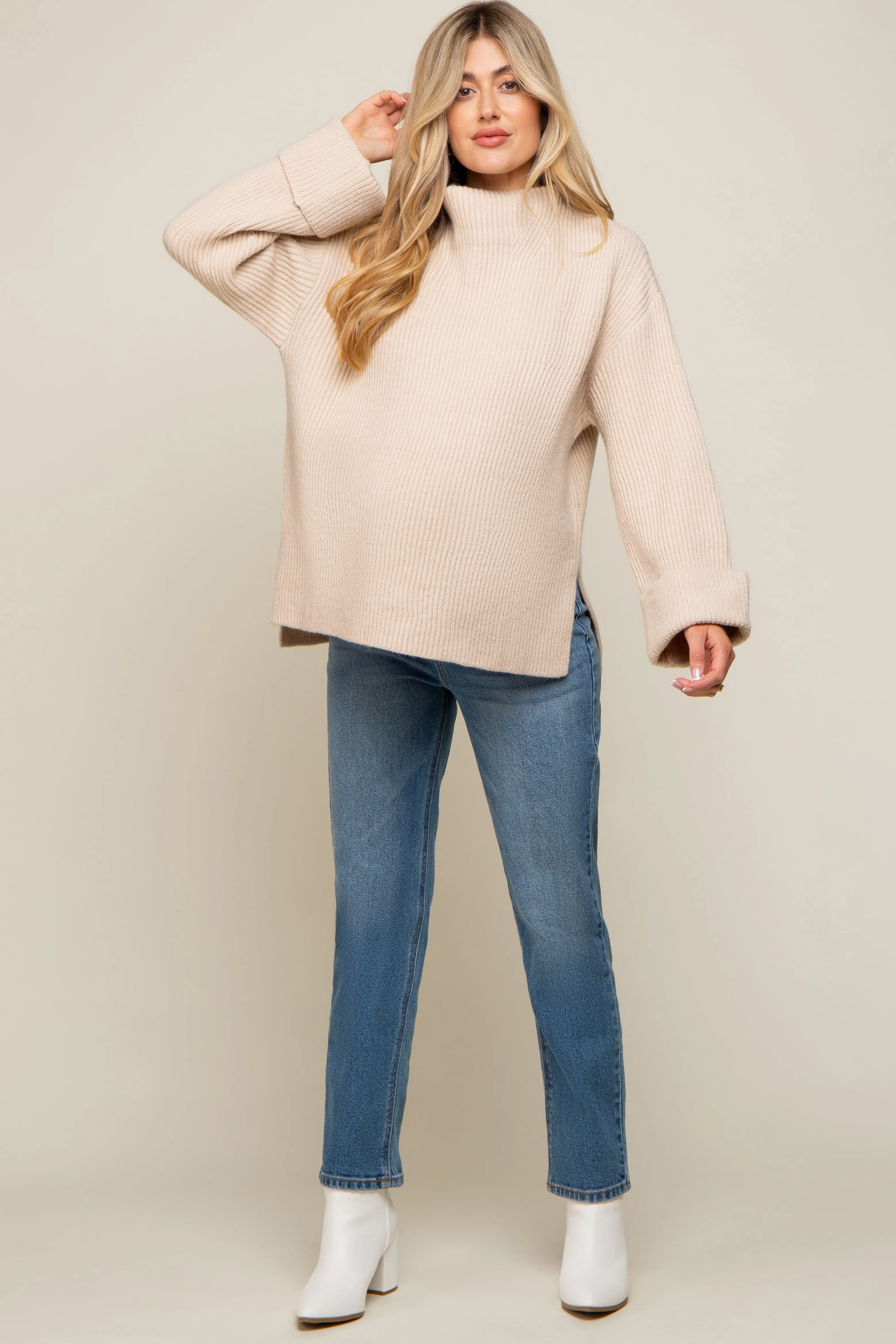 Beige Mock Neck Chunky Knit Maternity Sweater sold by Pinkblush product image thumbnail 5