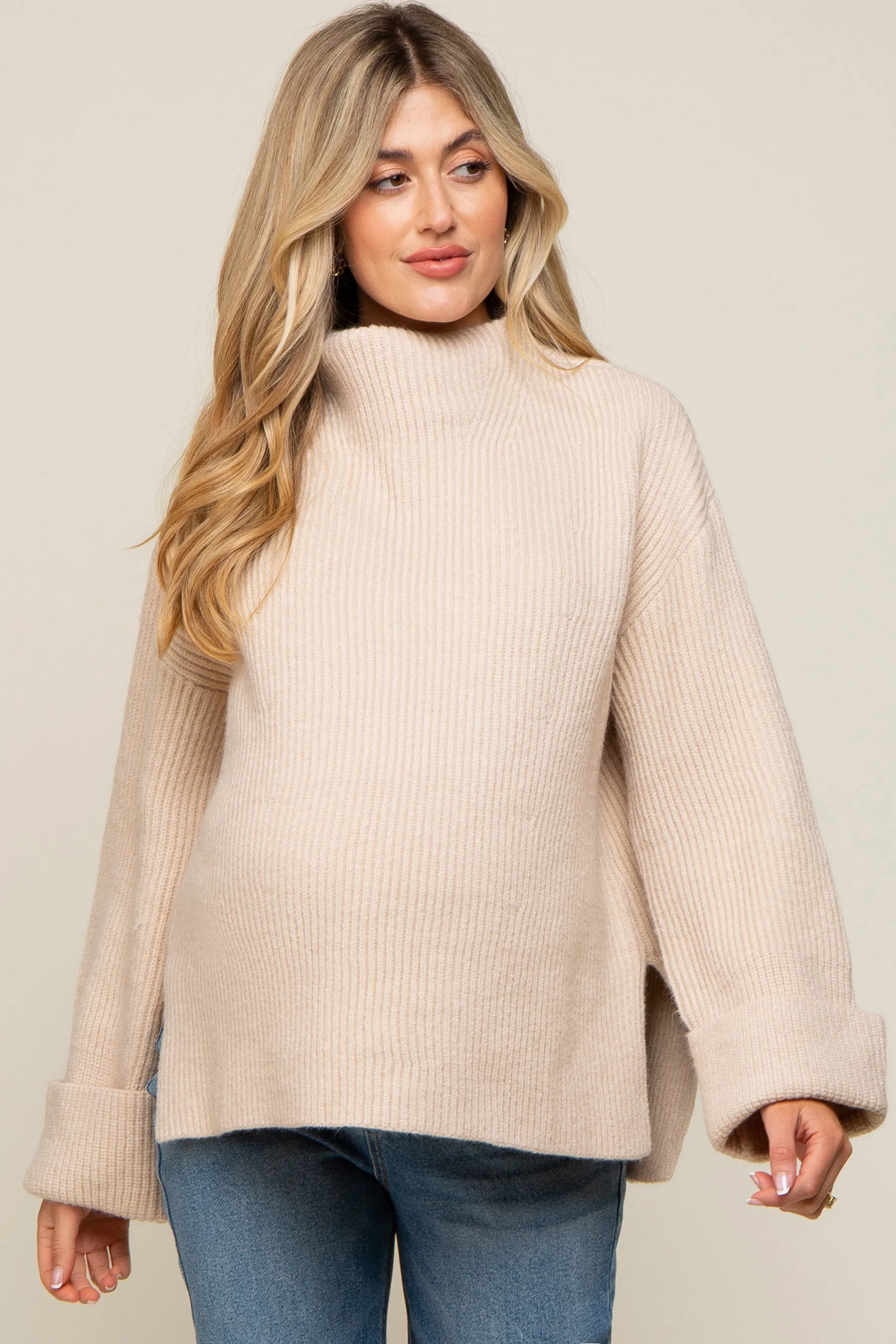 Beige Mock Neck Chunky Knit Maternity Sweater sold by Pinkblush product image thumbnail 2