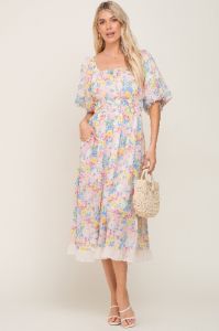 Ivory Floral Chiffon Ruffle Square Neck Puff Sleeve Midi Dress sold by Pinkblush