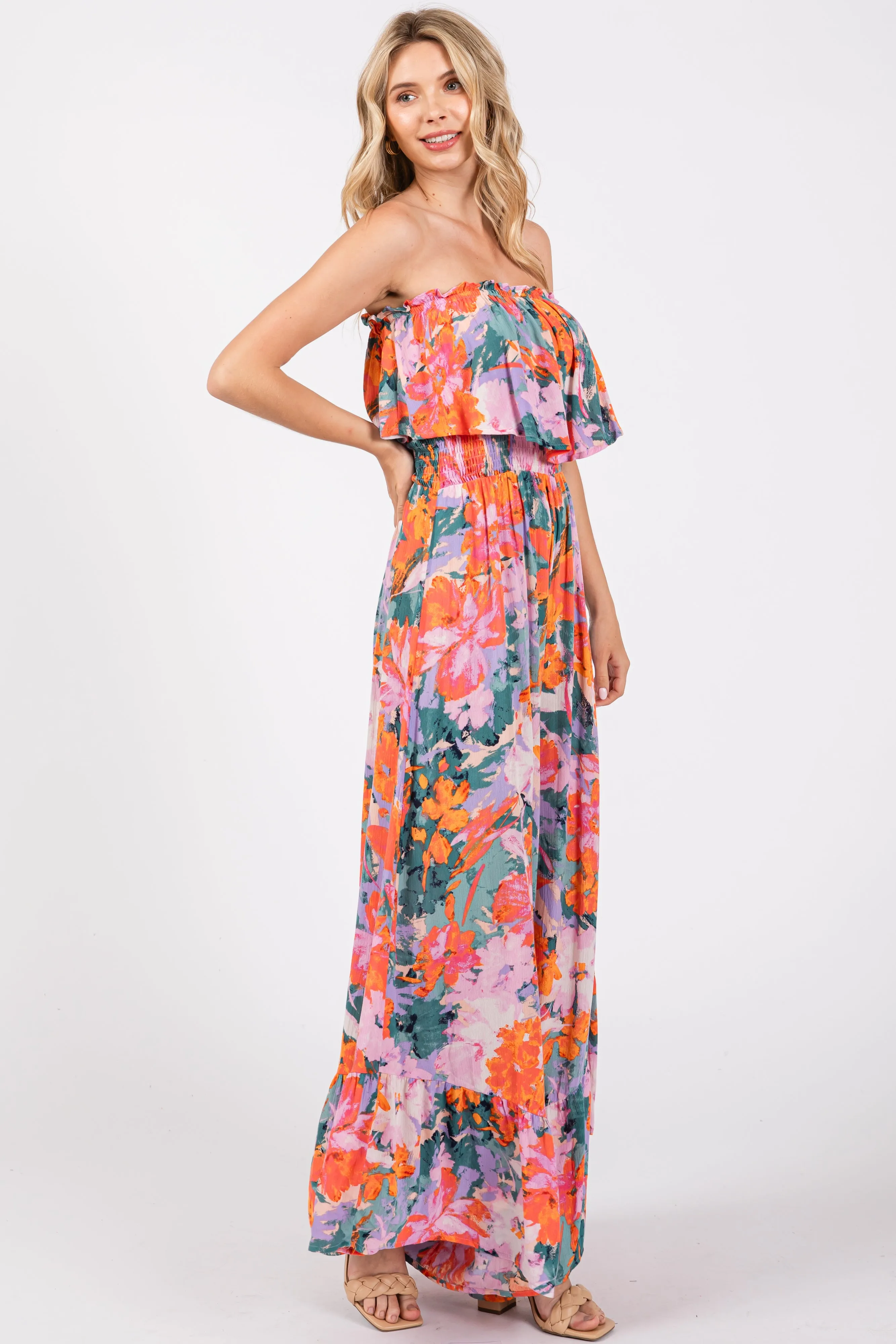 Multi Color Floral Smocked Ruffle Strapless Wide Leg Jumpsuit sold by Pinkblush product image thumbnail 2
