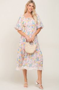 Ivory Floral Chiffon Ruffle Square Neck Puff Sleeve Midi Dress sold by Pinkblush