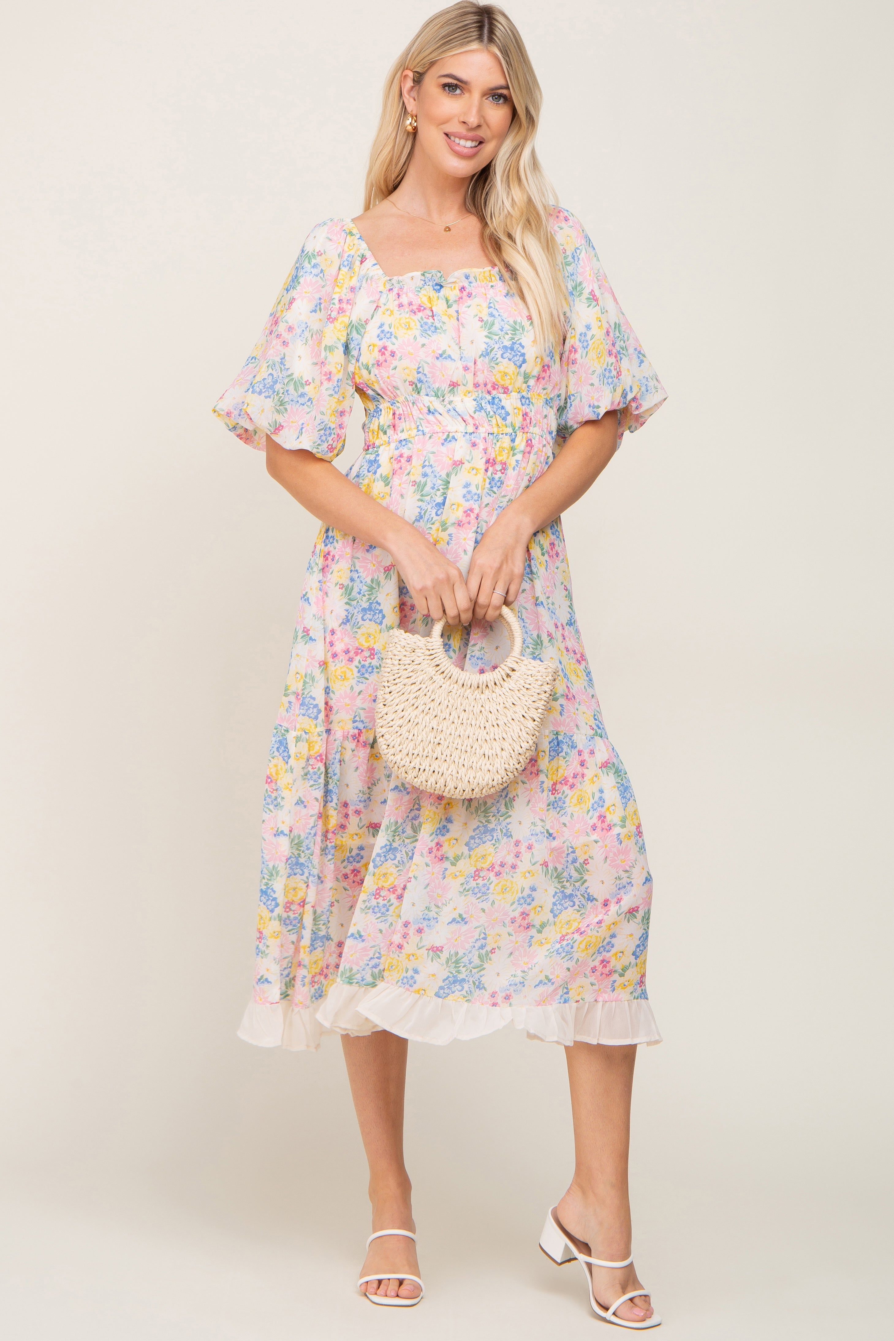 Ivory Floral Chiffon Ruffle Square Neck Puff Sleeve Midi Dress sold by Pinkblush product image thumbnail 2