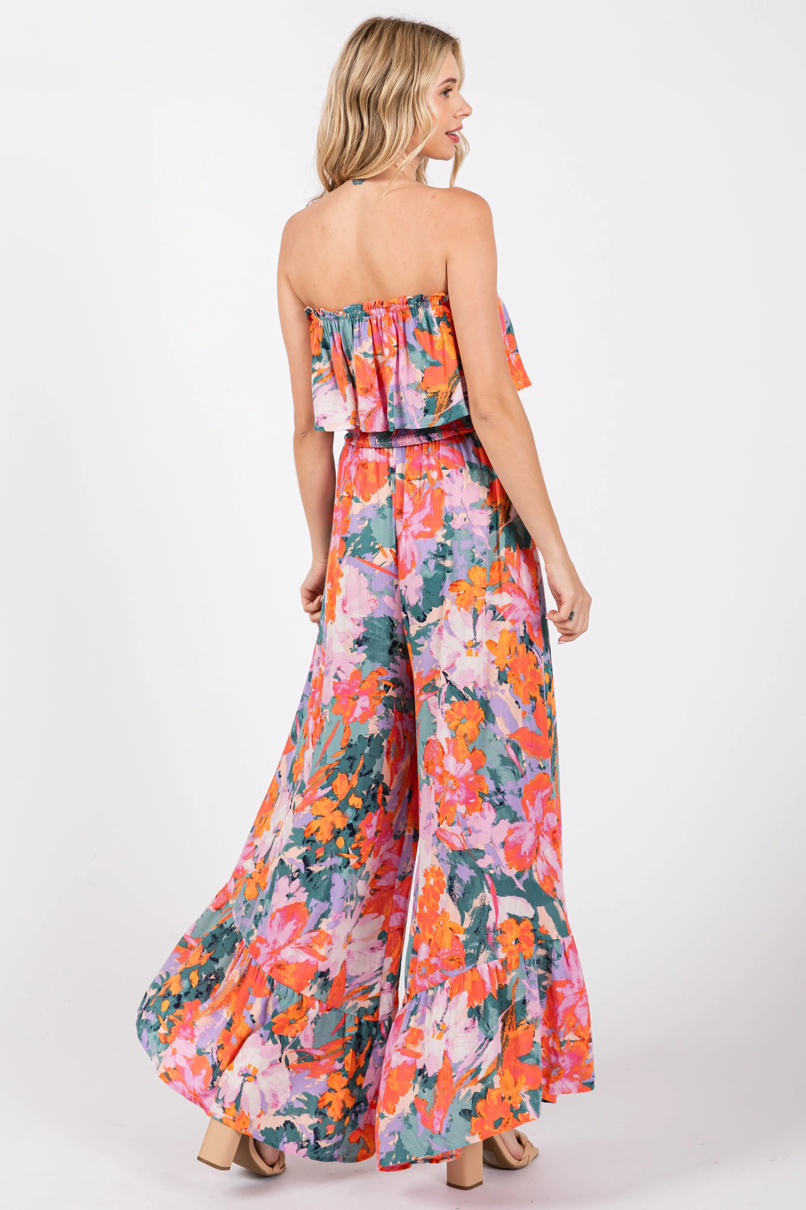 Multi Color Floral Smocked Ruffle Strapless Wide Leg Jumpsuit sold by Pinkblush product image thumbnail 3