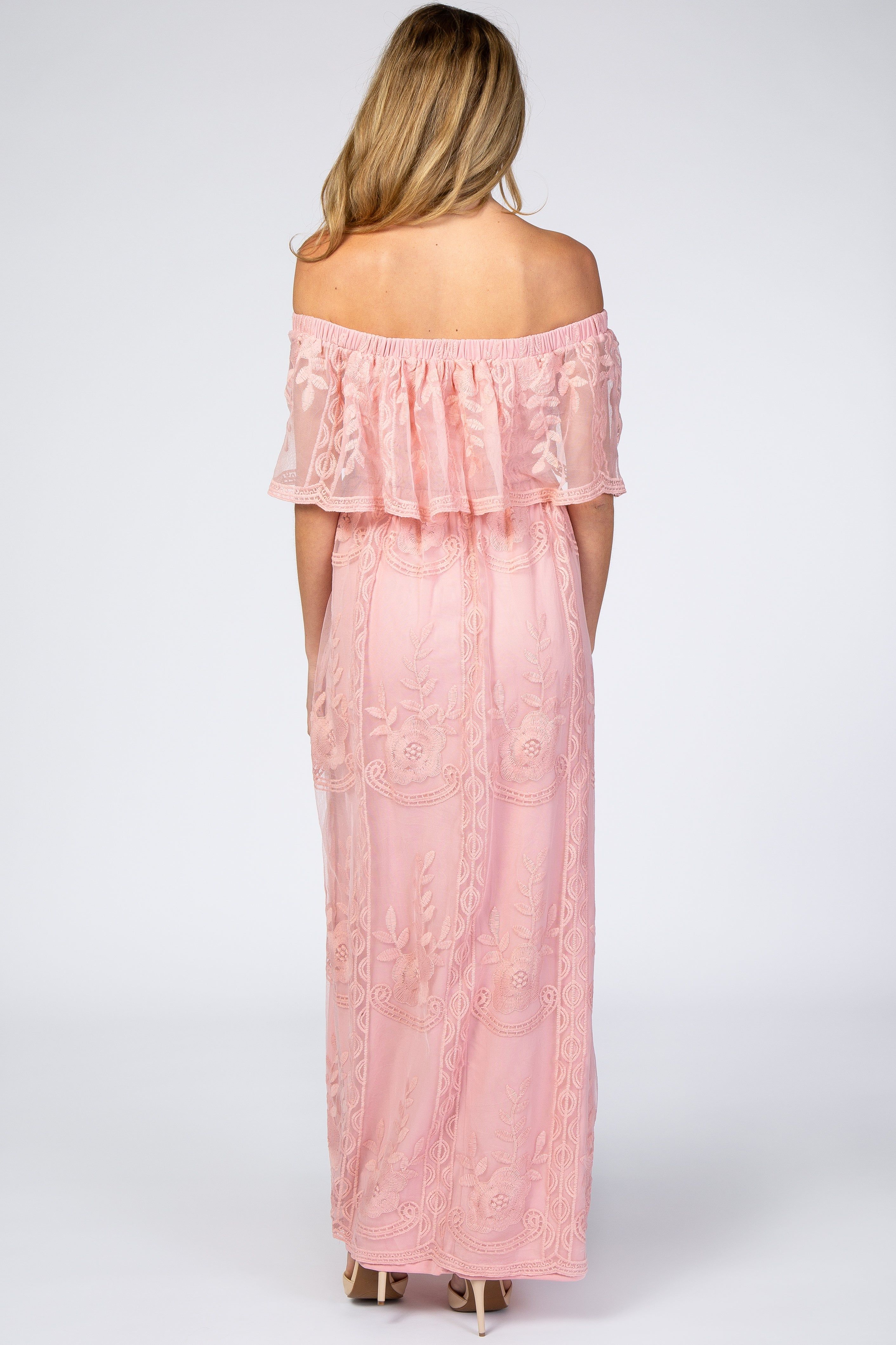 Pink Lace Overlay Off Shoulder Flounce Maternity Maxi Dress sold by Pinkblush product image thumbnail 3