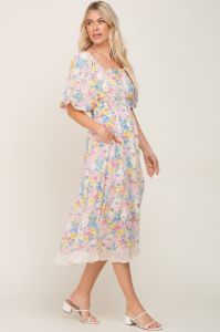 Ivory Floral Chiffon Ruffle Square Neck Puff Sleeve Midi Dress sold by Pinkblush