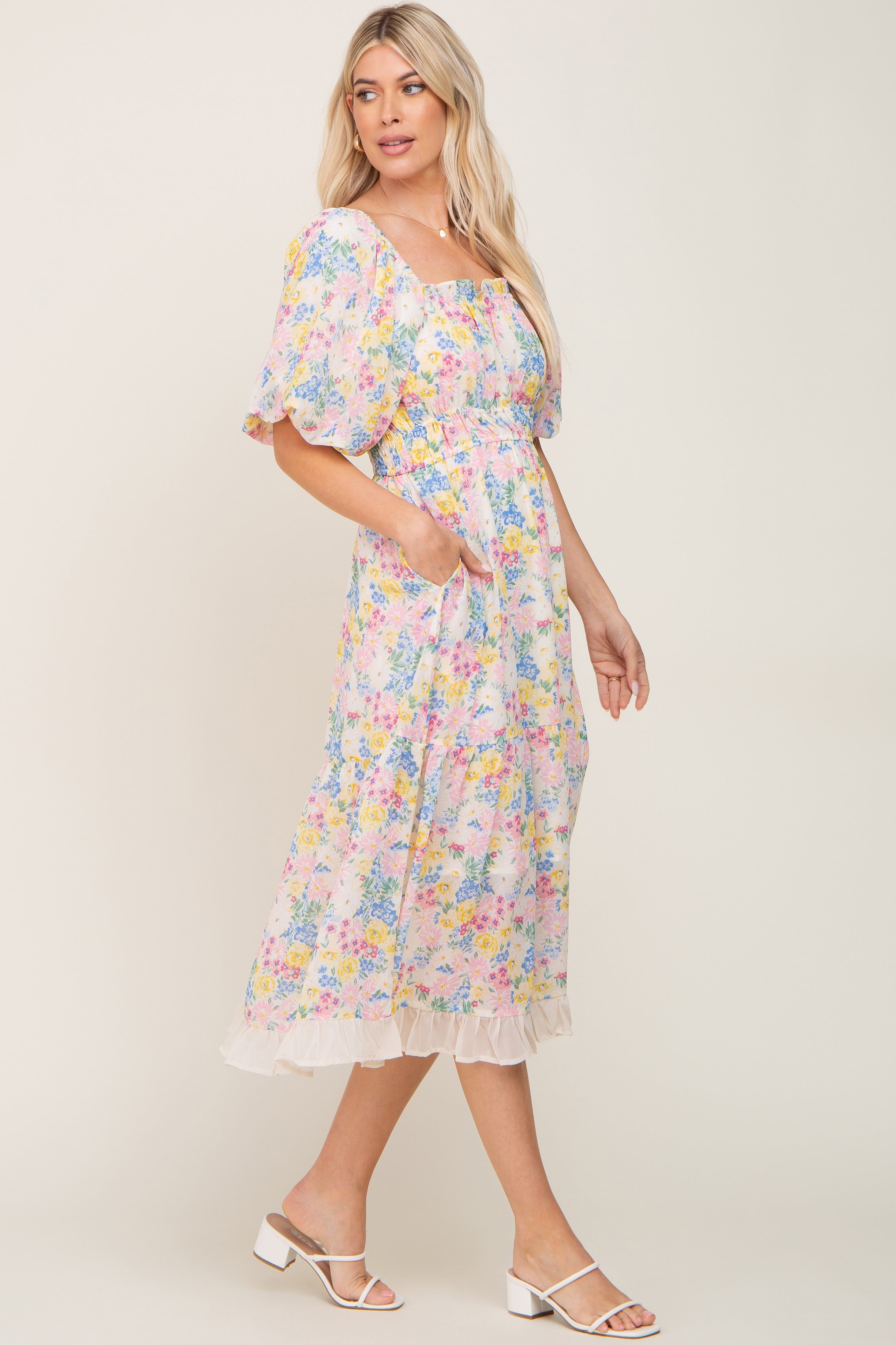 Ivory Floral Chiffon Ruffle Square Neck Puff Sleeve Midi Dress sold by Pinkblush product image thumbnail 3