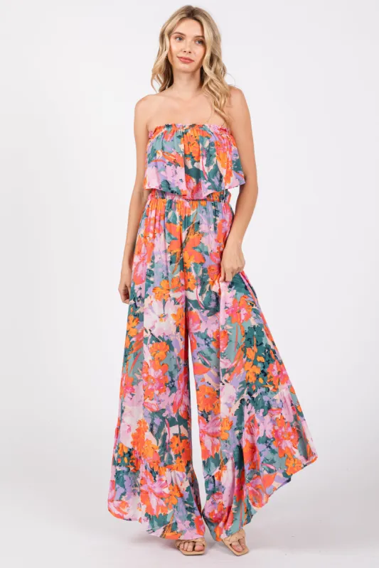 Multi Color Floral Smocked Ruffle Strapless Wide Leg Jumpsuit sold by Pinkblush