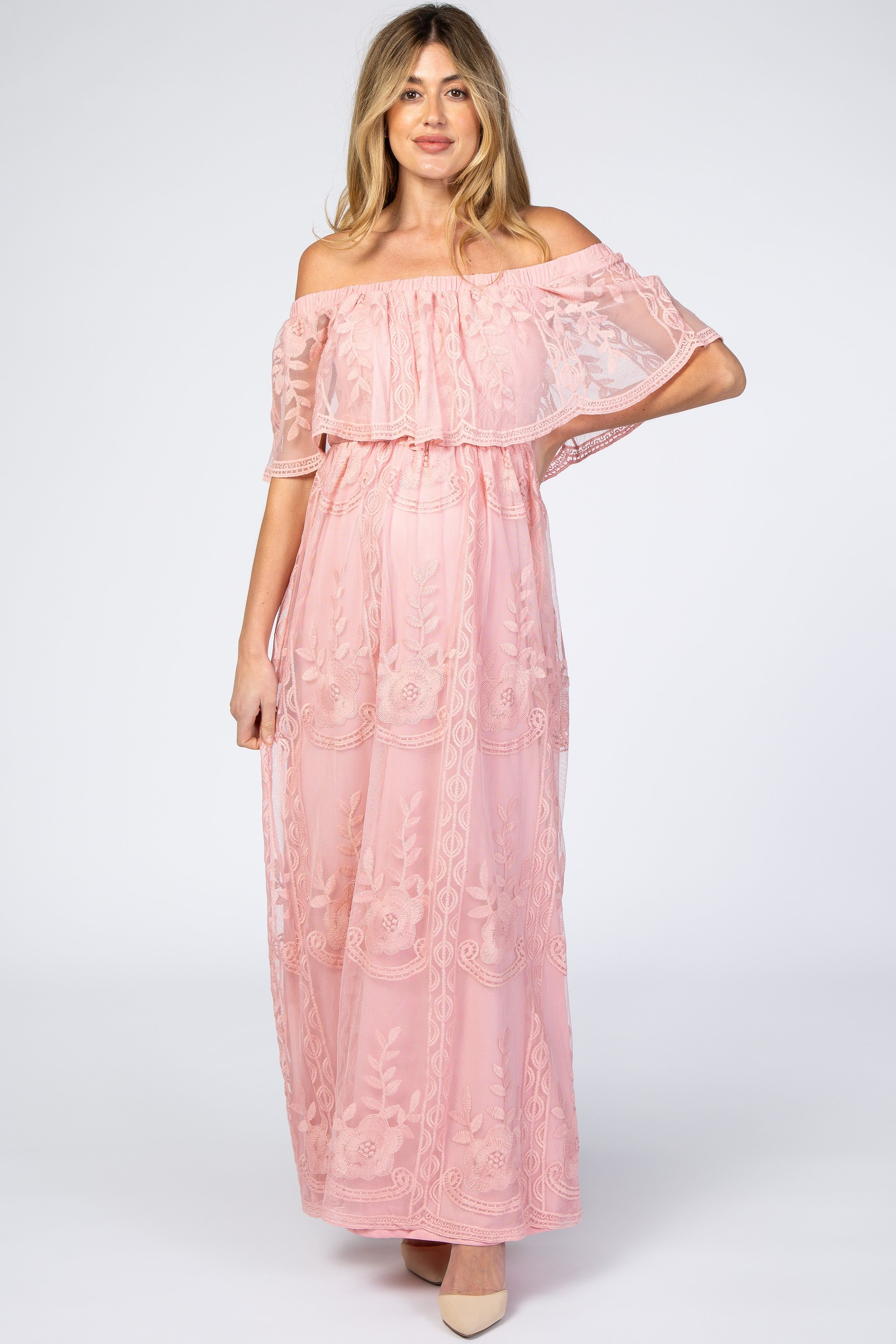 Pink Lace Overlay Off Shoulder Flounce Maternity Maxi Dress sold by Pinkblush