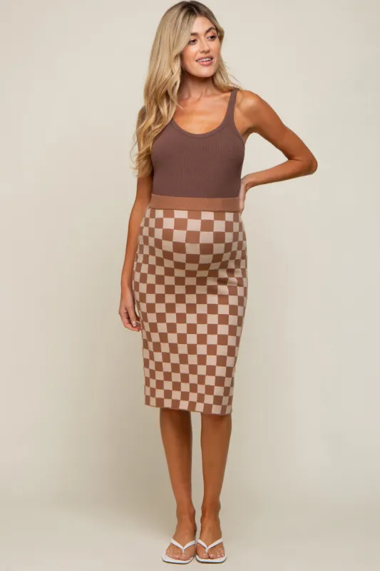 Beige Checkered Knit Maternity Skirt sold by Pinkblush