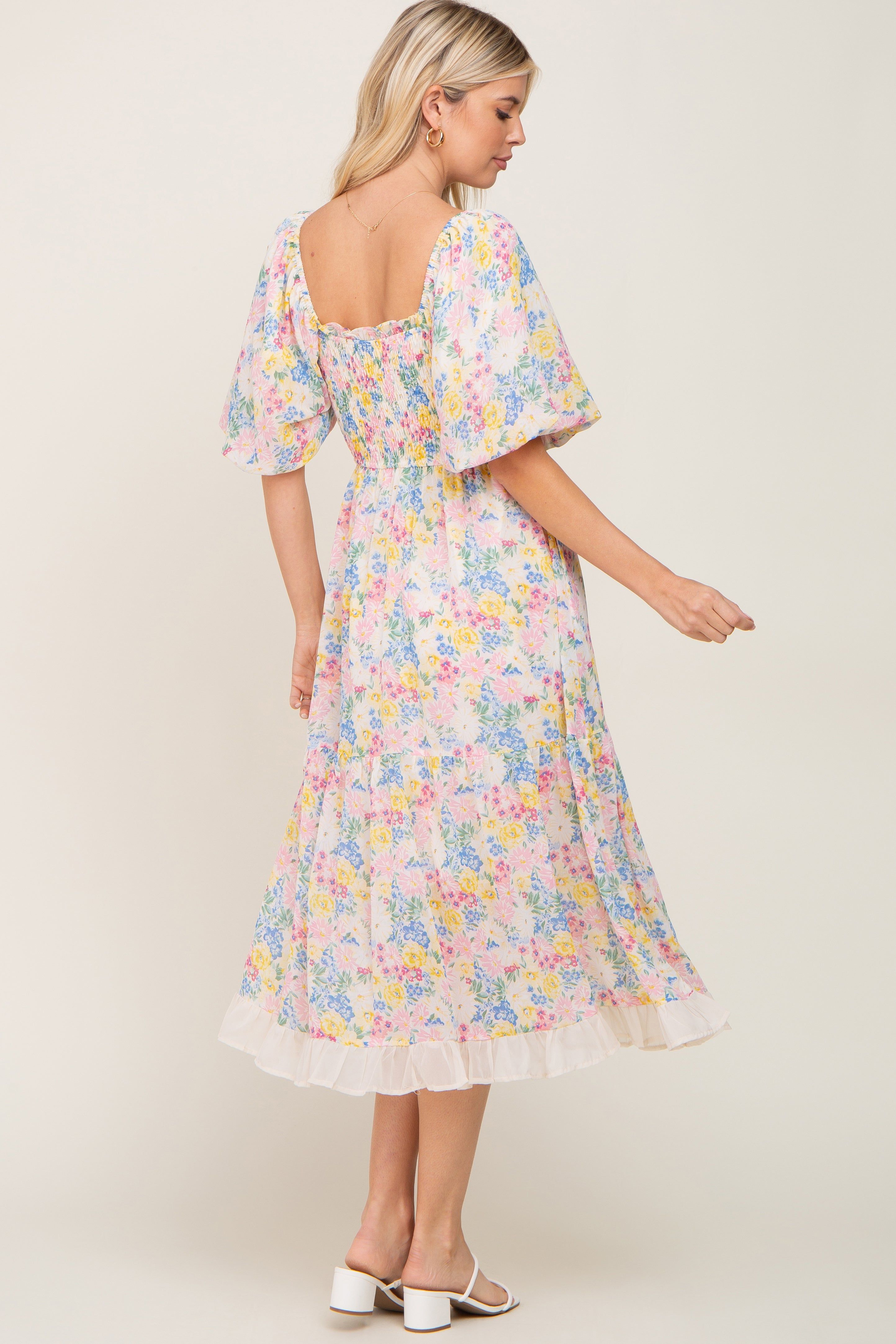 Ivory Floral Chiffon Ruffle Square Neck Puff Sleeve Midi Dress sold by Pinkblush product image thumbnail 4