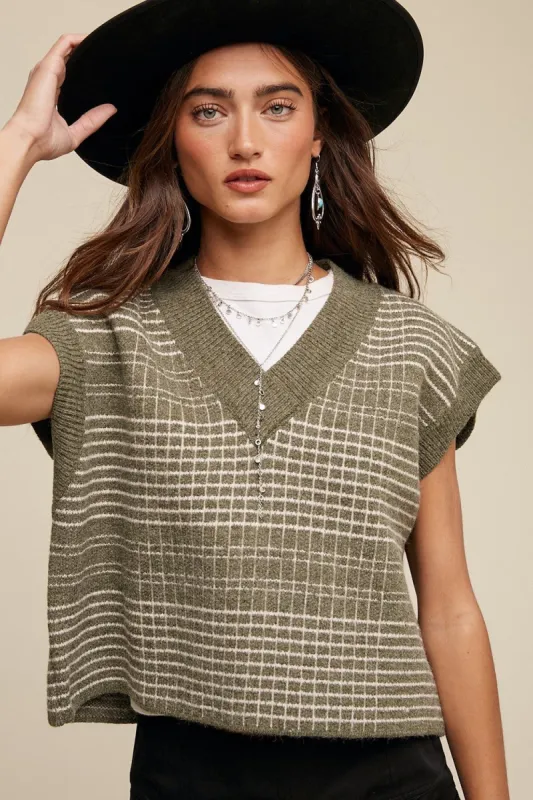 Olive Plaid V-Neck Cropped Sweater Vest sold by Pinkblush