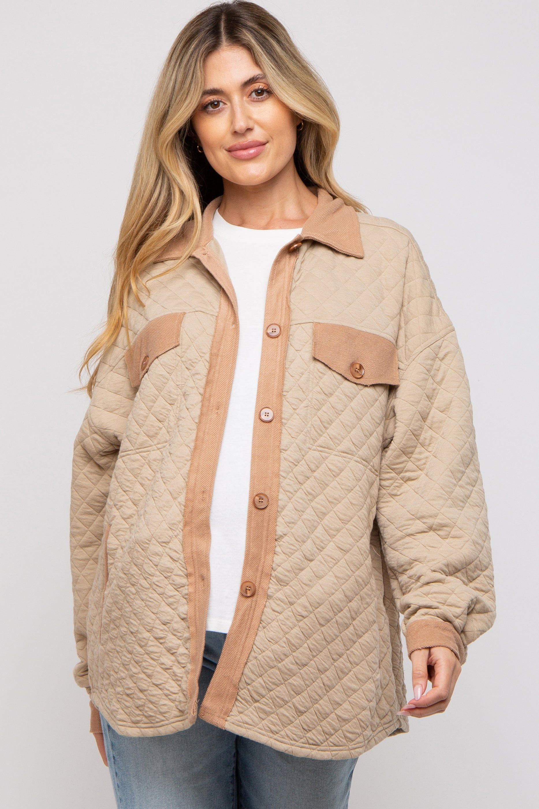 Taupe Colorblock Quilted Maternity Shirt Jacket sold by Pinkblush product image thumbnail 2