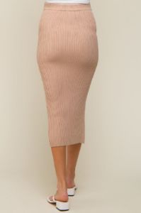 Beige Ribbed Braided Side Maternity Midi Skirt sold by Pinkblush