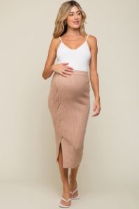 Beige Ribbed Braided Side Maternity Midi Skirt sold by Pinkblush