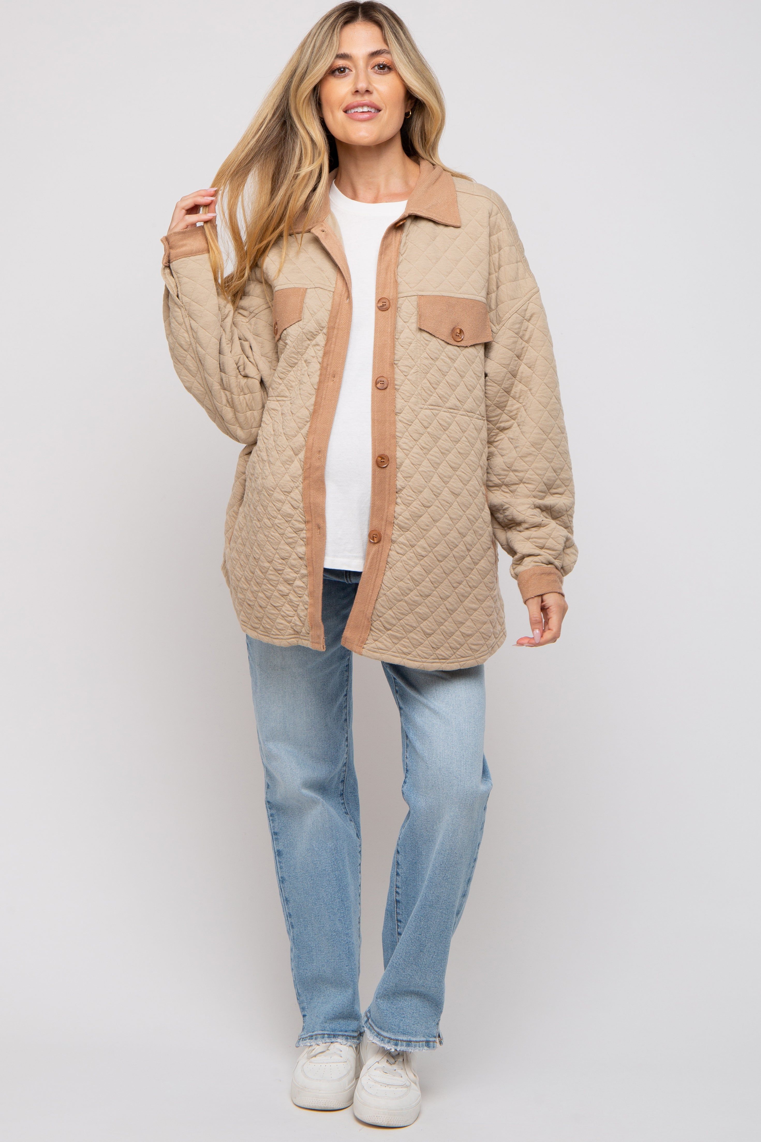 Taupe Colorblock Quilted Maternity Shirt Jacket sold by Pinkblush