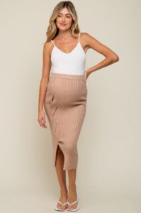 Beige Ribbed Braided Side Maternity Midi Skirt sold by Pinkblush