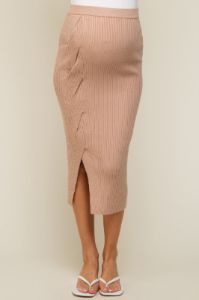 Beige Ribbed Braided Side Maternity Midi Skirt sold by Pinkblush