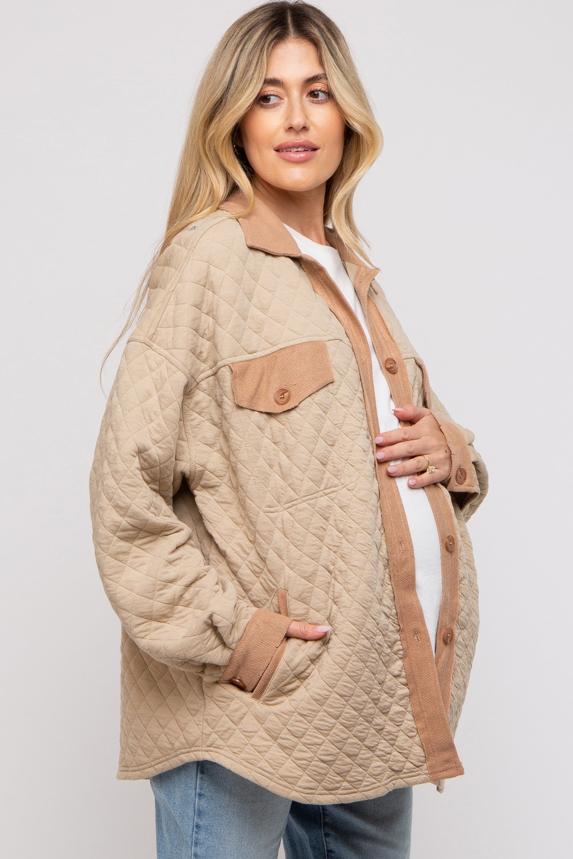Taupe Colorblock Quilted Maternity Shirt Jacket sold by Pinkblush product image thumbnail 3