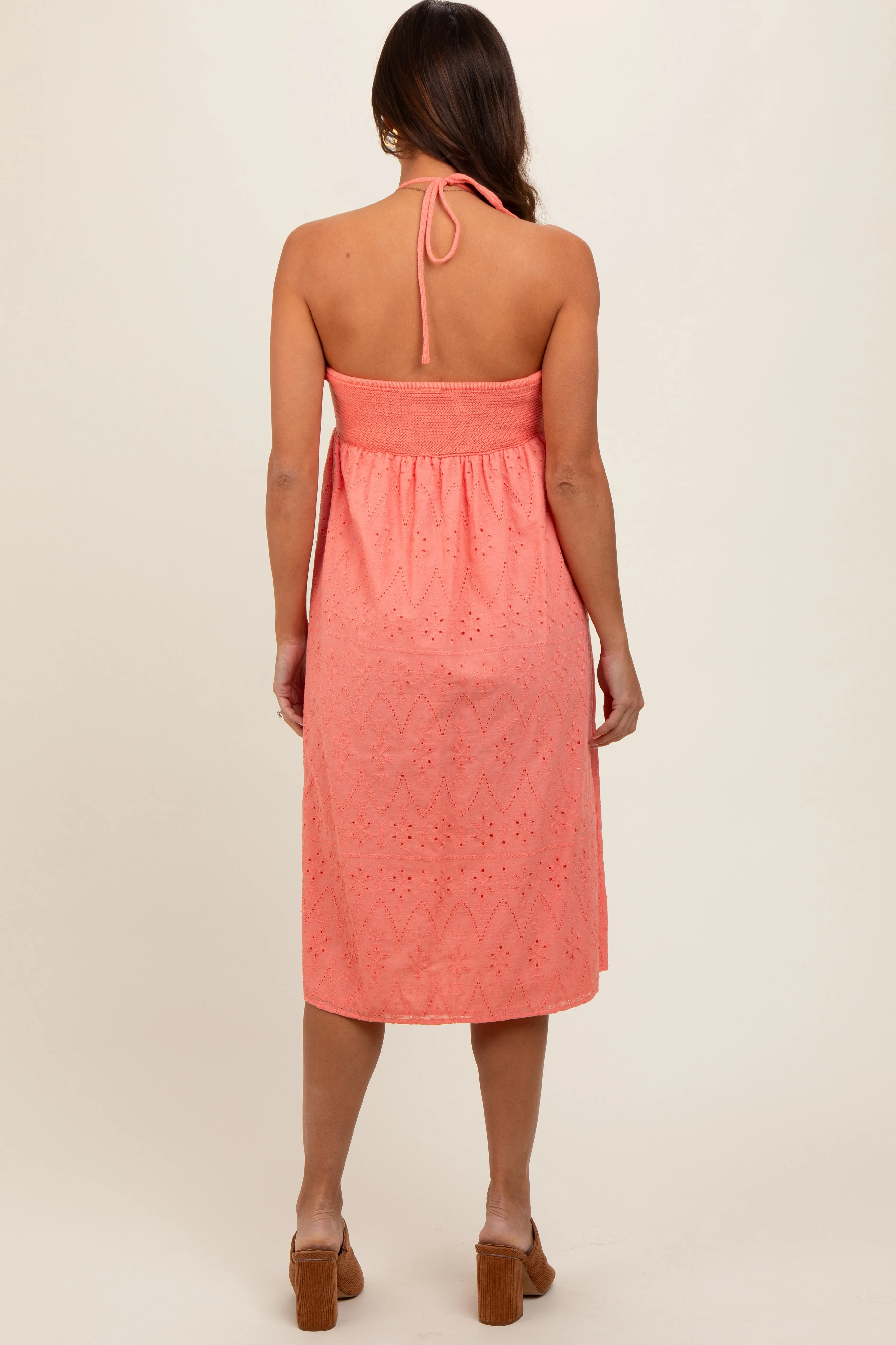 Coral Eyelet Crochet Halter Maternity Dress sold by Pinkblush product image thumbnail 3