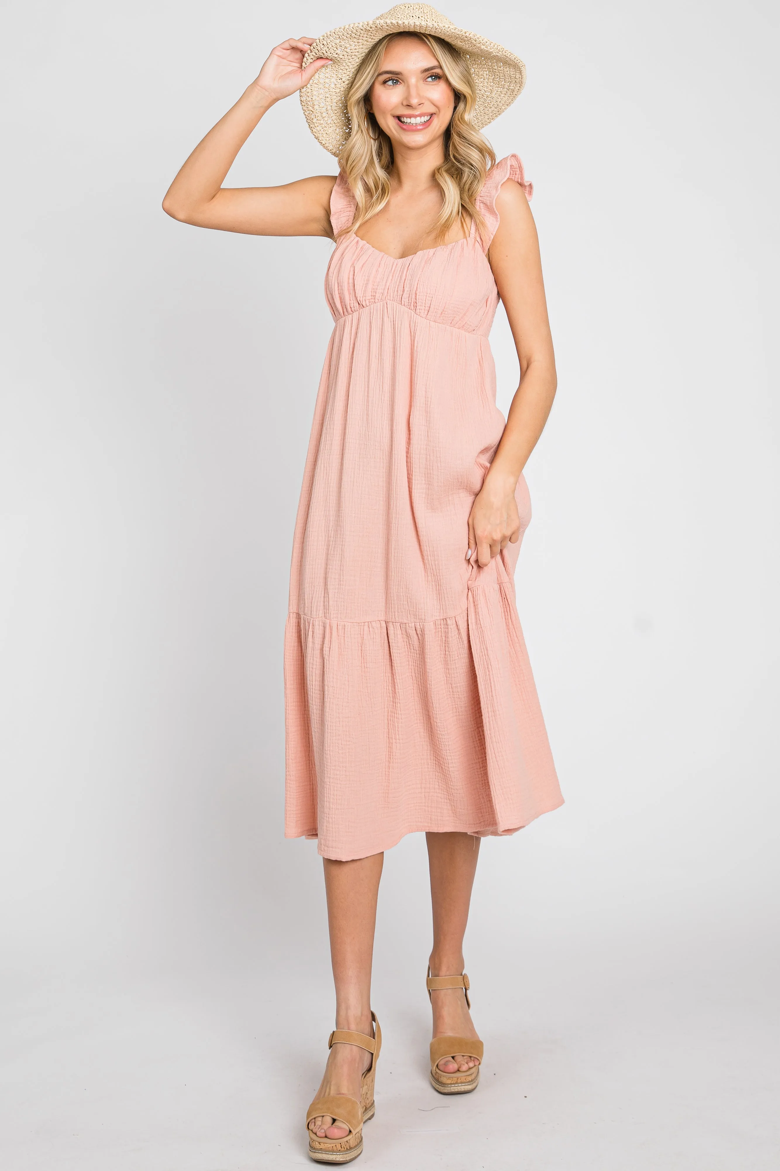 Light Pink Gauze Ruffle Midi Dress sold by Pinkblush
