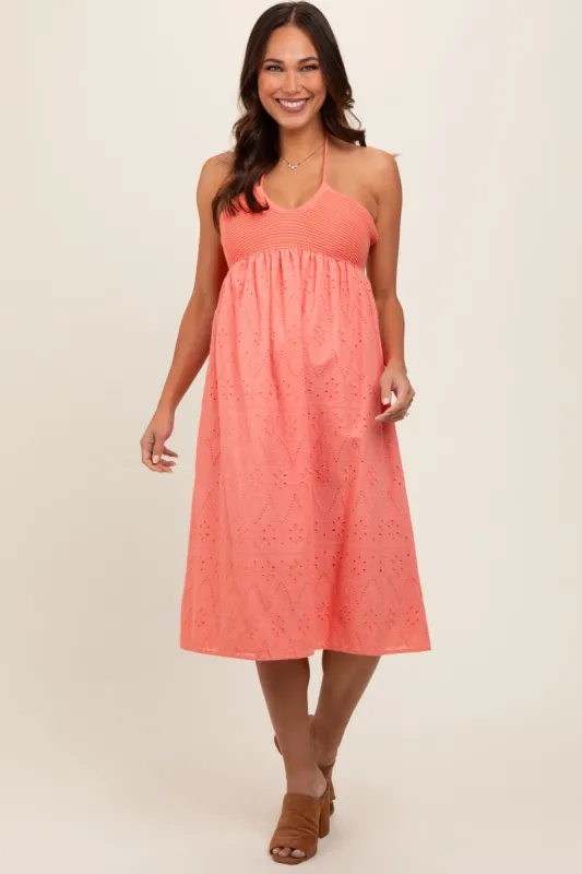 Coral Eyelet Crochet Halter Maternity Dress sold by Pinkblush