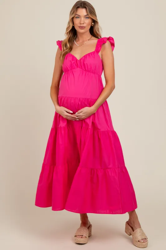 Fuchsia Sleeveless Tiered Maternity Maxi Dress sold by Pinkblush
